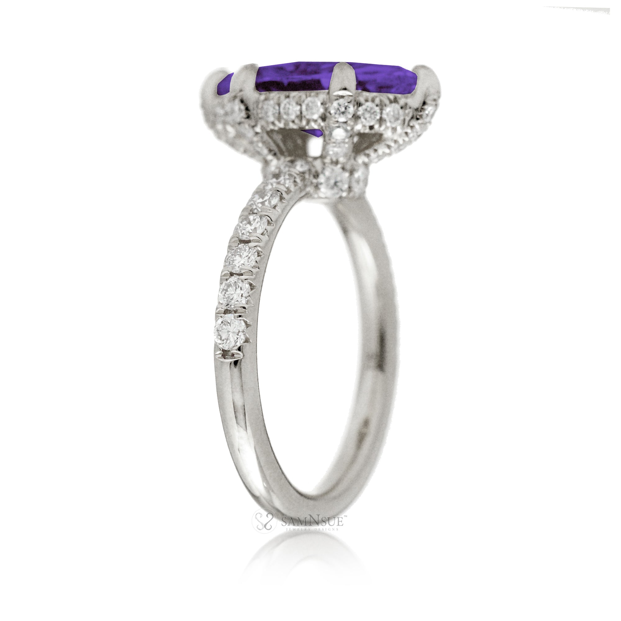 Marquise cut purple sapphire diamond engagement ring with rounded diamond band hidden halo white  gold