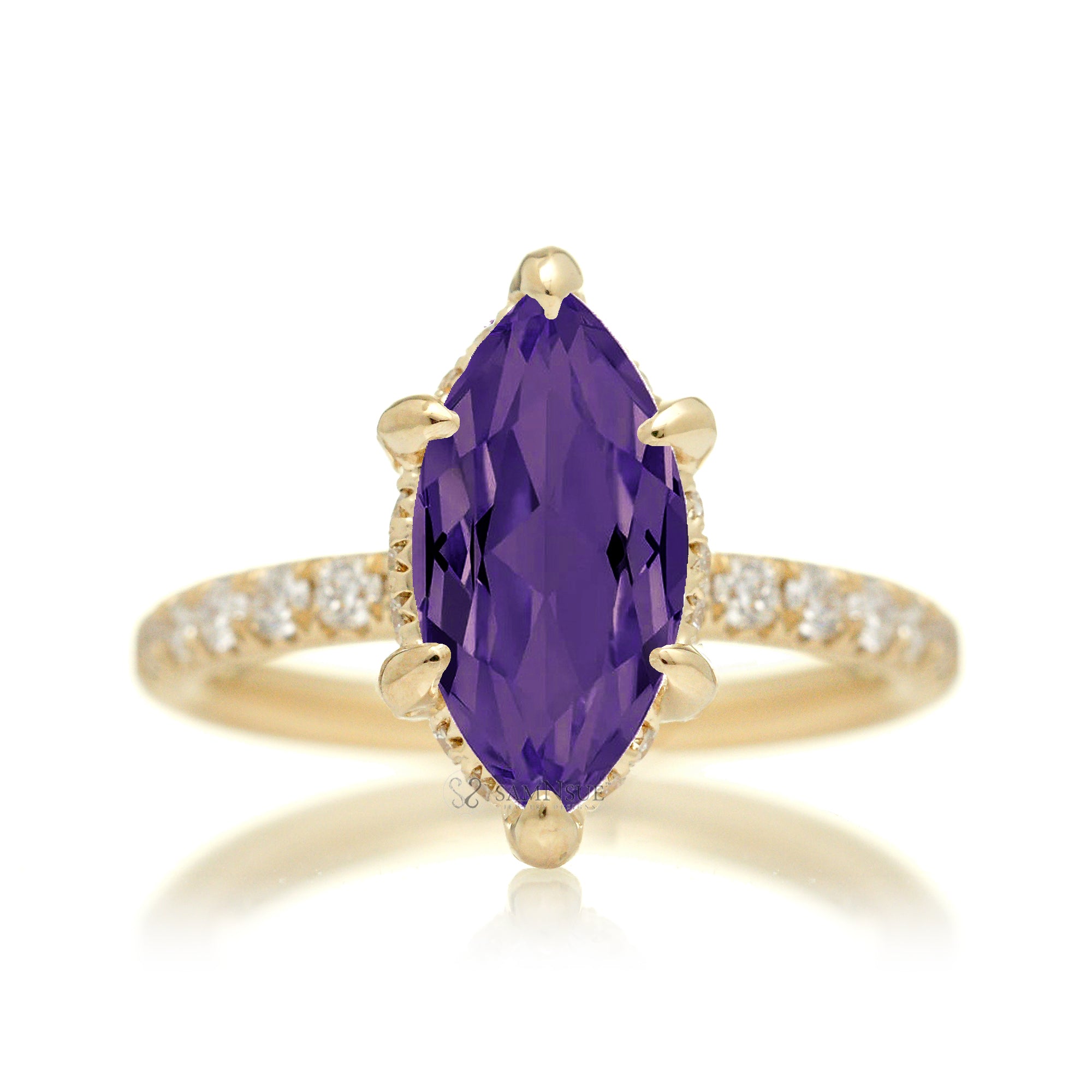 Marquise cut purple sapphire diamond engagement ring with rounded diamond band hidden halo yellow gold