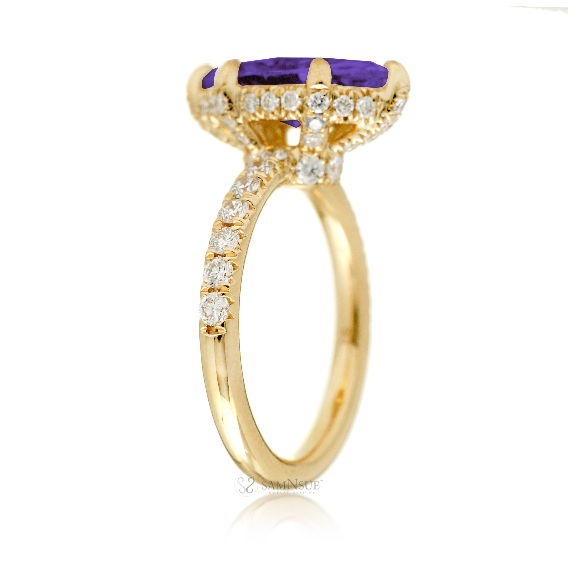 Marquise cut purple sapphire diamond engagement ring with rounded diamond band hidden halo yellow gold