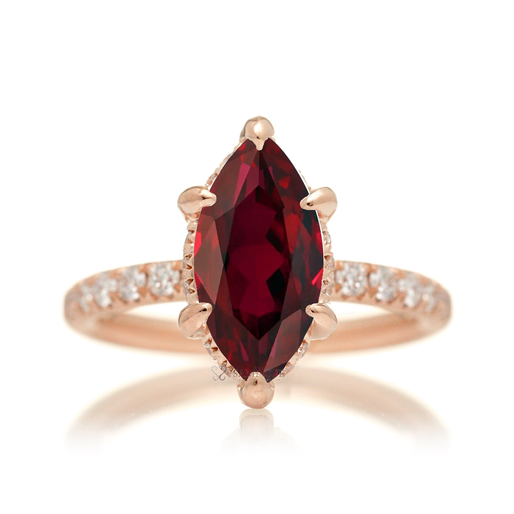 Ruby engagement ring with diamond hidden halo and band the solitaire marquise drenched rose gold