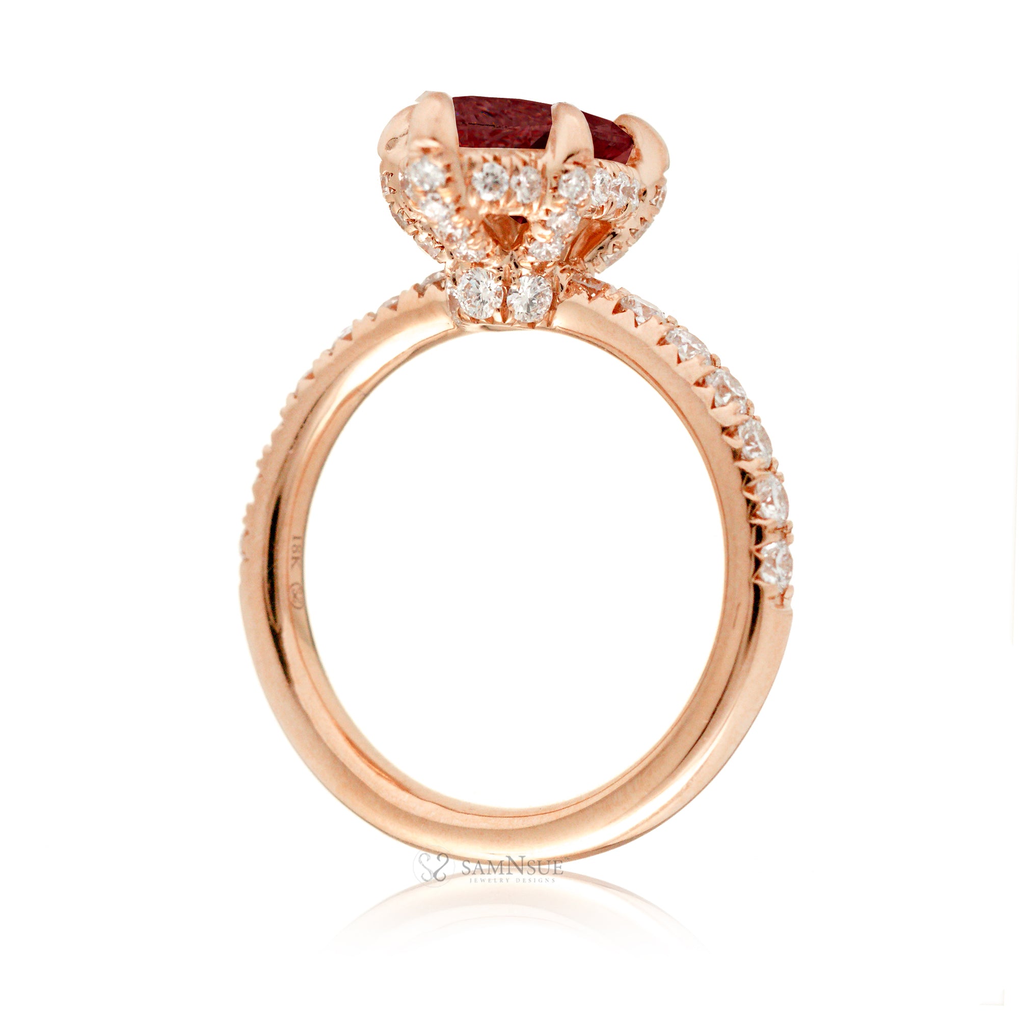 Ruby engagement ring with diamond hidden halo and band the solitaire marquise drenched rose gold