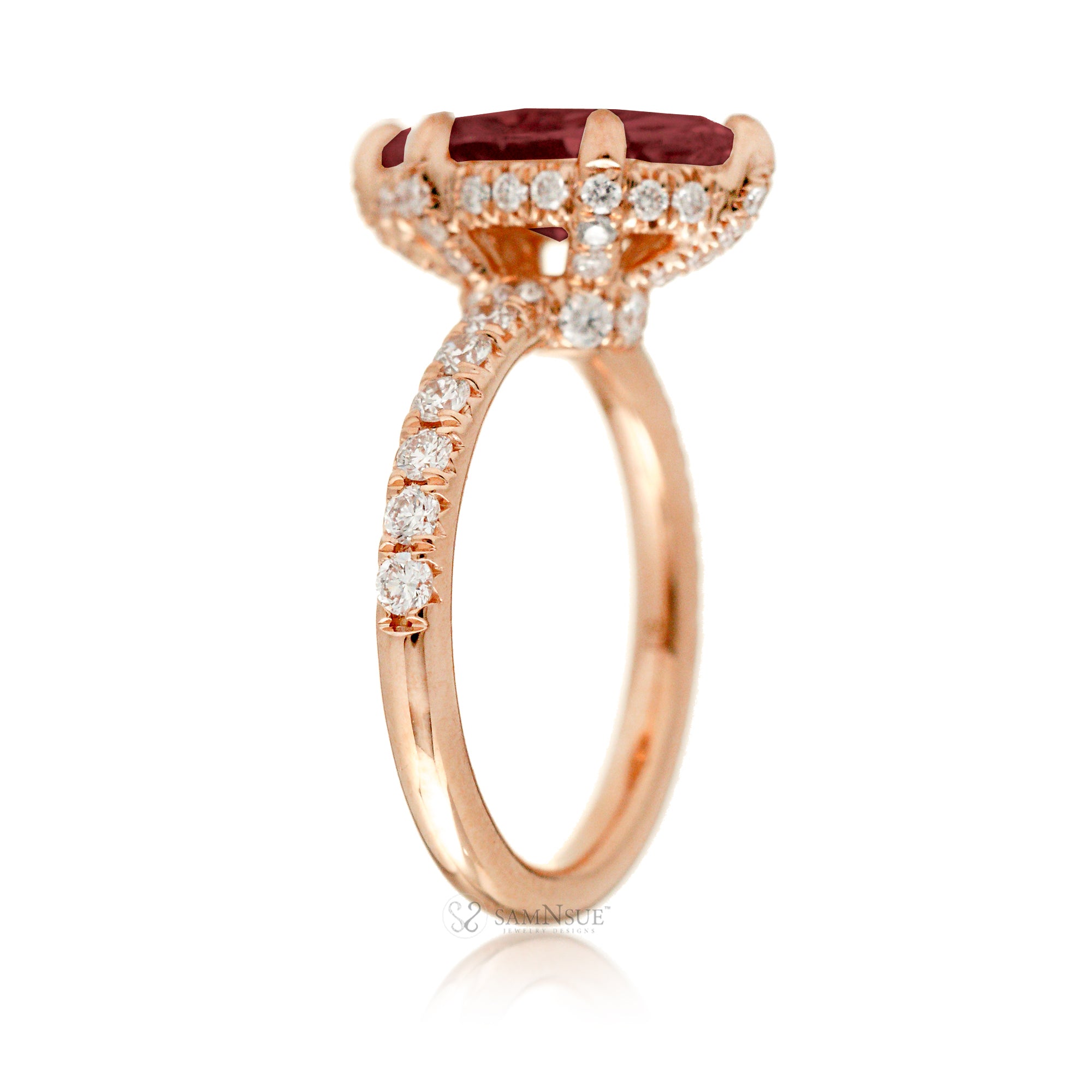 Ruby engagement ring with diamond hidden halo and band the solitaire marquise drenched rose gold