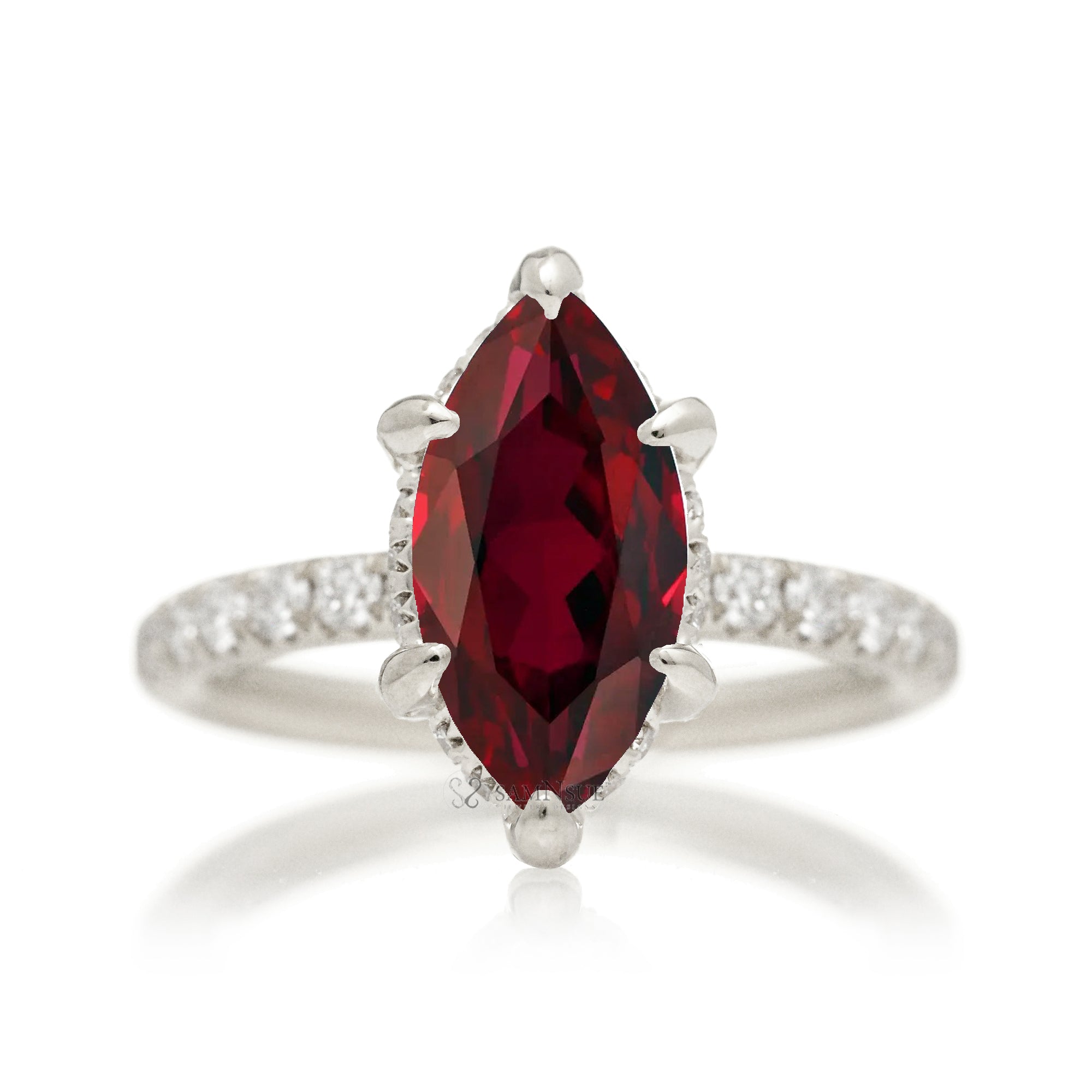 Ruby engagement ring with diamond hidden halo and band the solitaire marquise drenched white gold