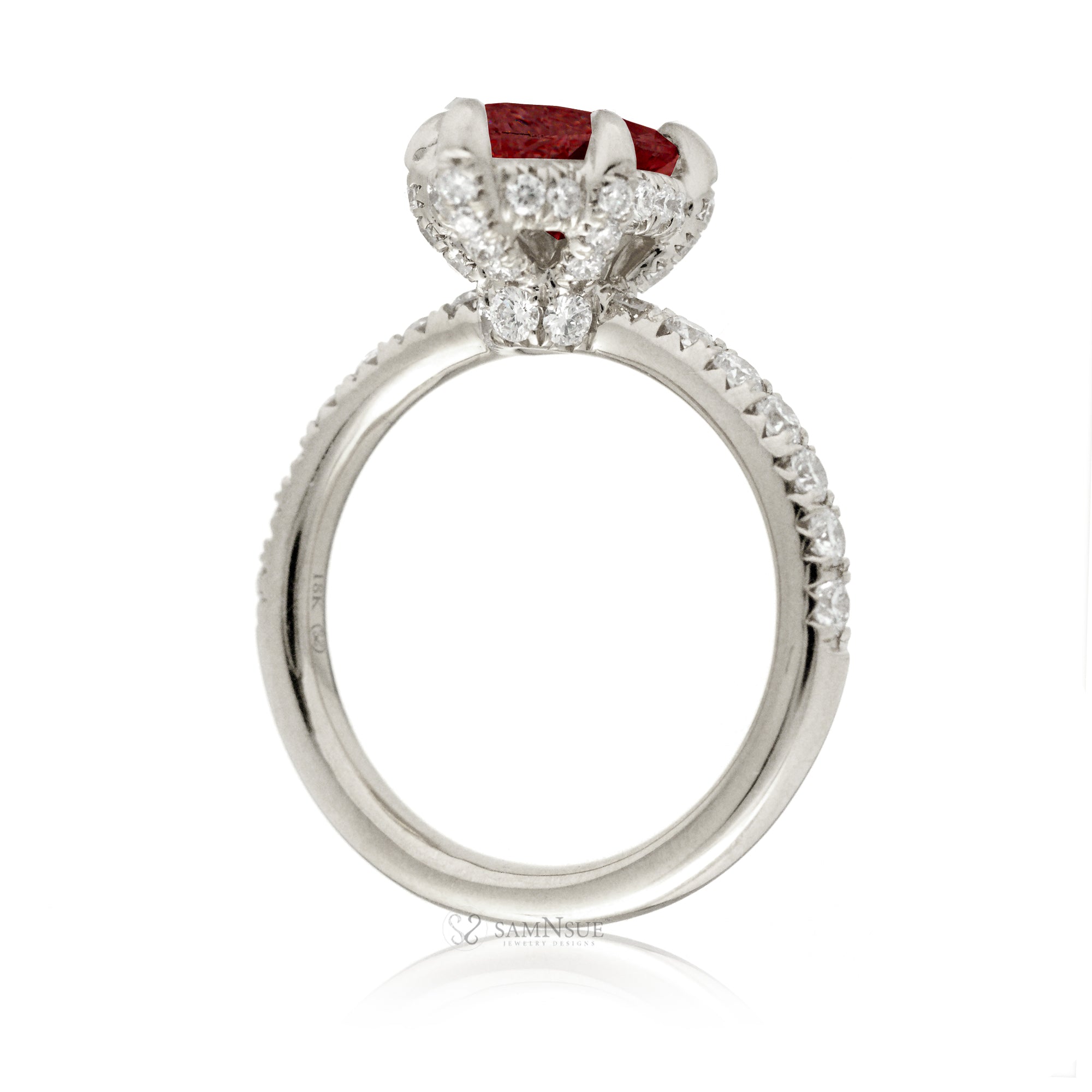 Ruby engagement ring with diamond hidden halo and band the solitaire marquise drenched white gold