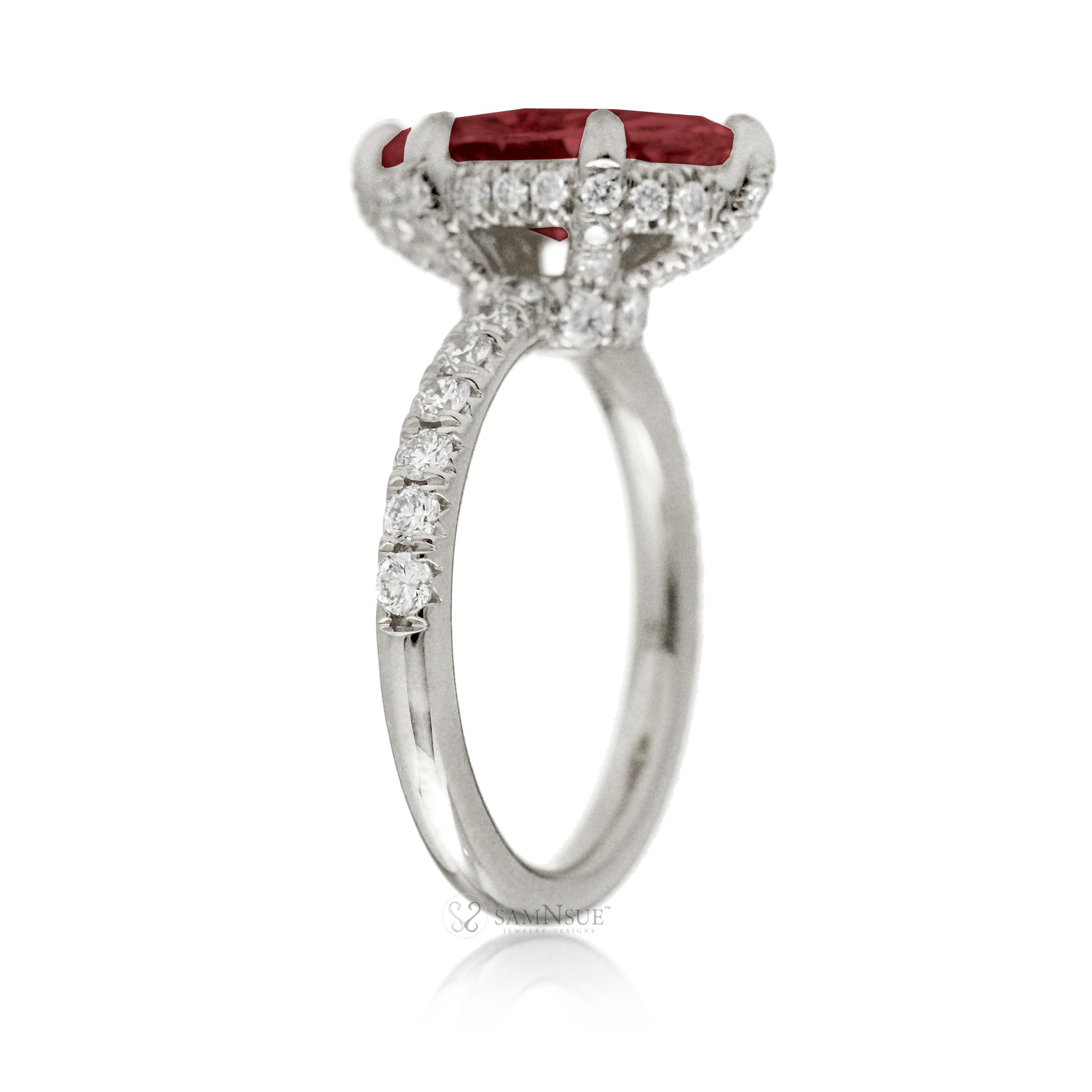 Ruby engagement ring with diamond hidden halo and band the solitaire marquise drenched white gold