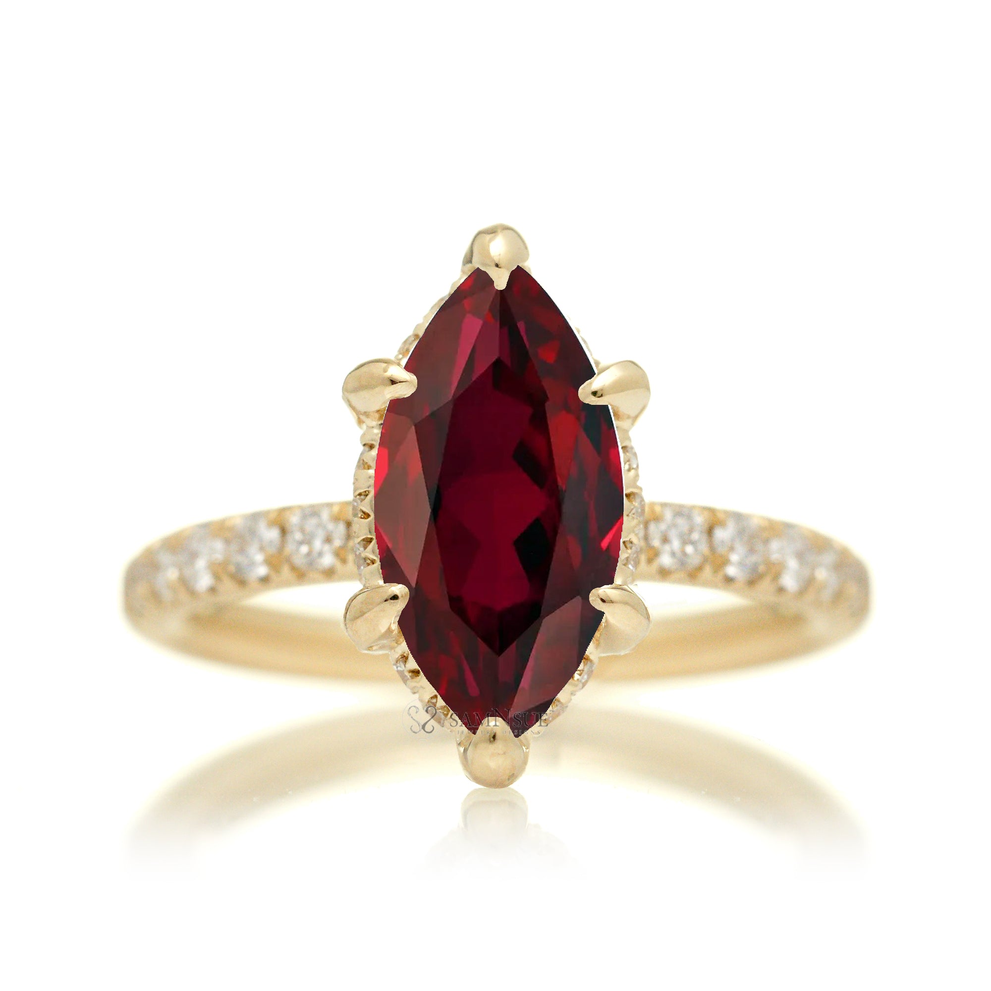 Ruby engagement ring with diamond hidden halo and band the solitaire marquise drenched yellow gold