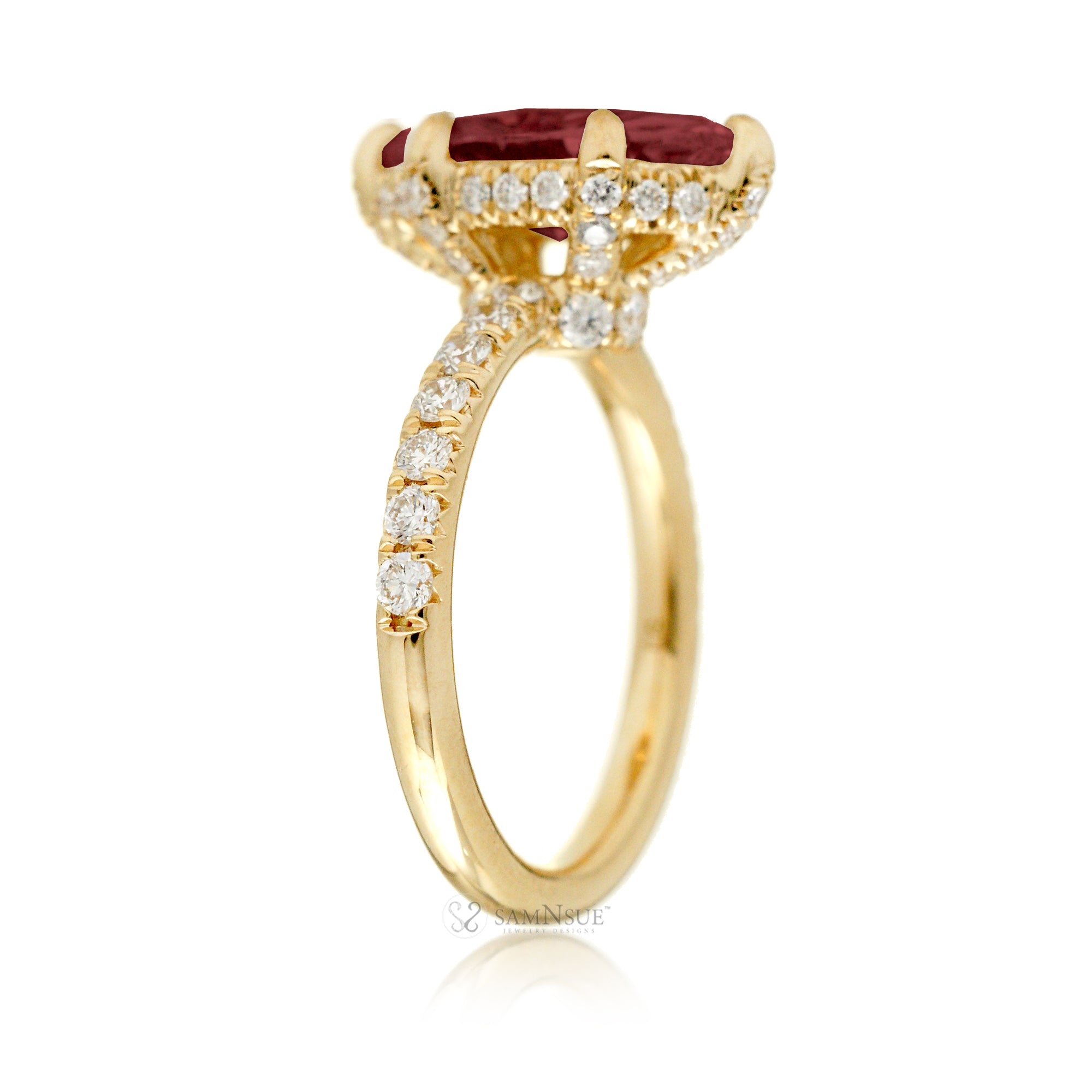 Ruby engagement ring with diamond hidden halo and band the solitaire marquise drenched yellow gold