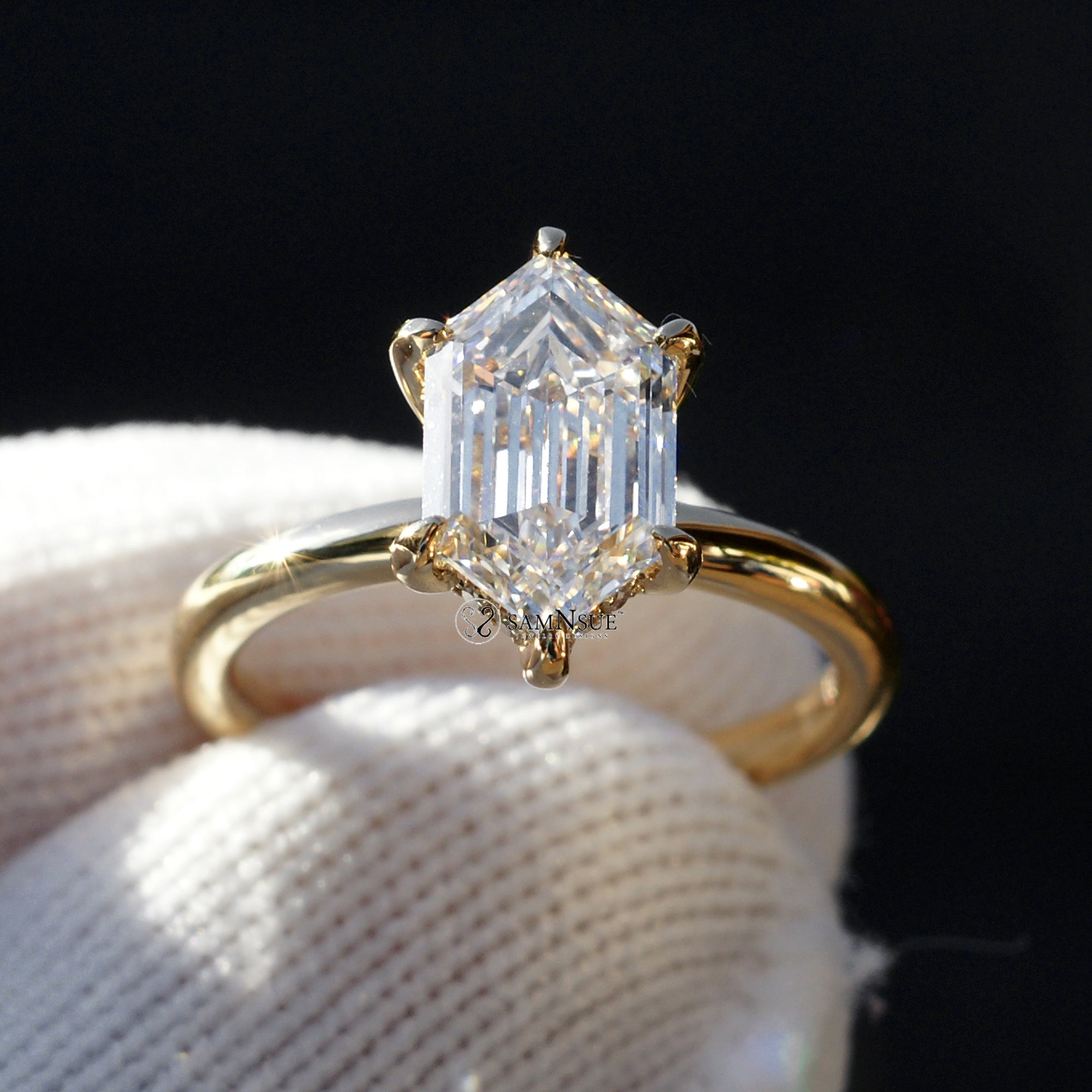 Kite diamond solitaire engagement ring with hidden halo in yellow gold