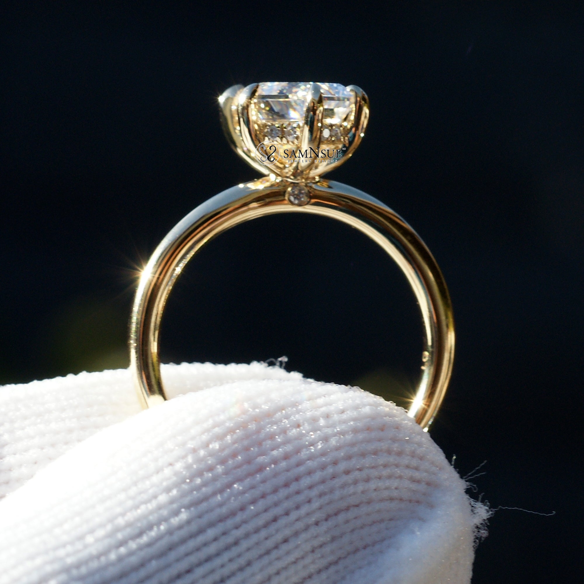 Kite diamond solitaire engagement ring with hidden halo in yellow gold