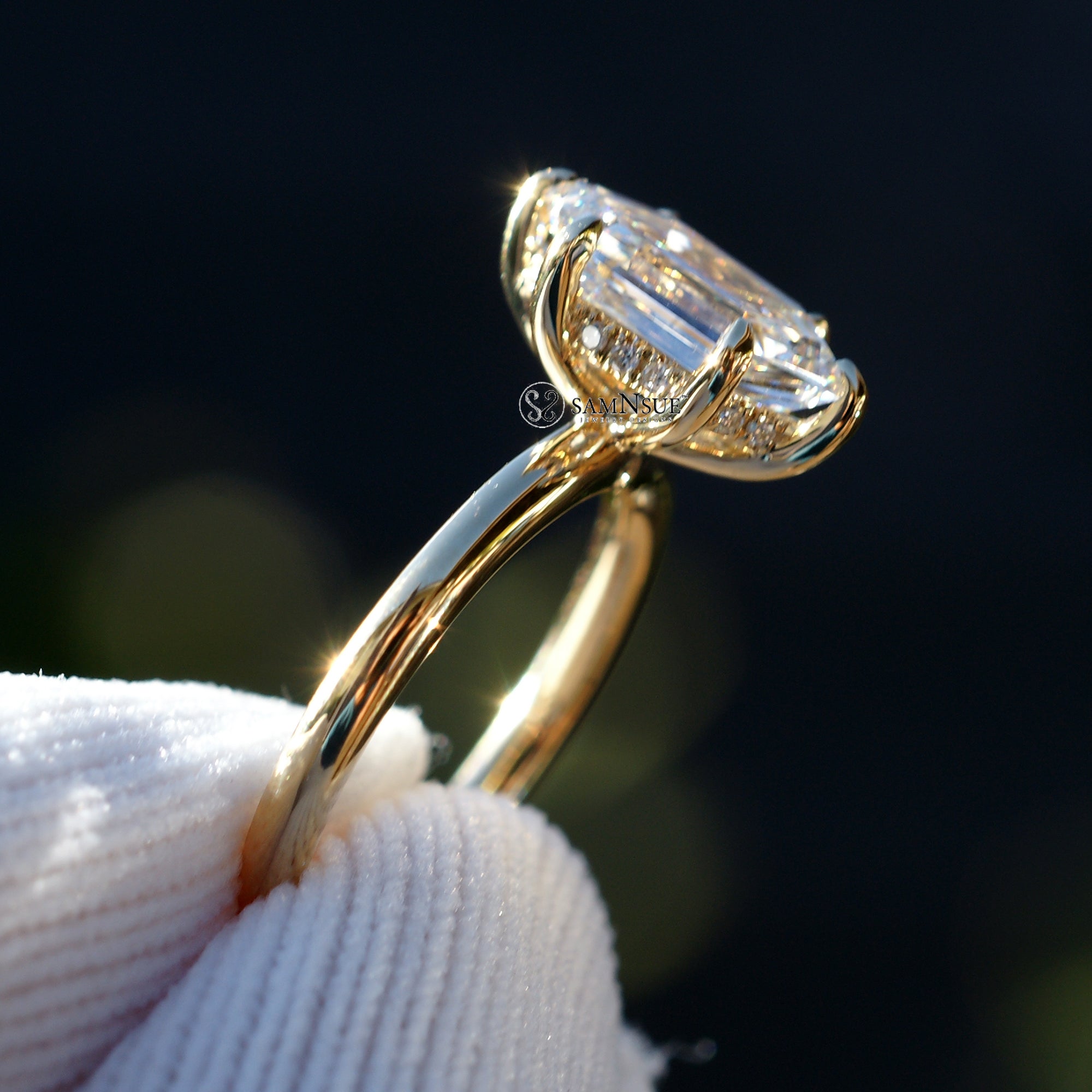 Kite diamond solitaire engagement ring with hidden halo in yellow gold