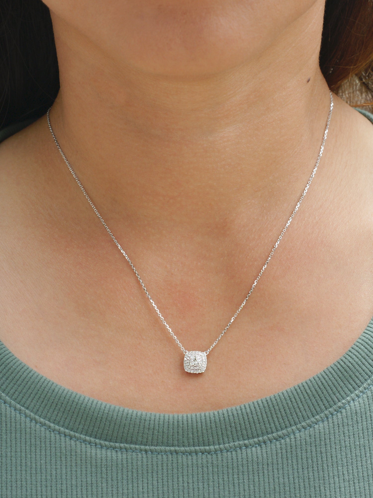 The Peony Cushion Diamond Necklace - Triple Halo Pyramid Style Pendant