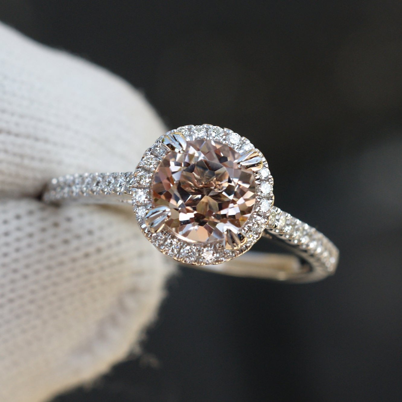 Round morganite 7mm engagement ring with diamond halo in white gold