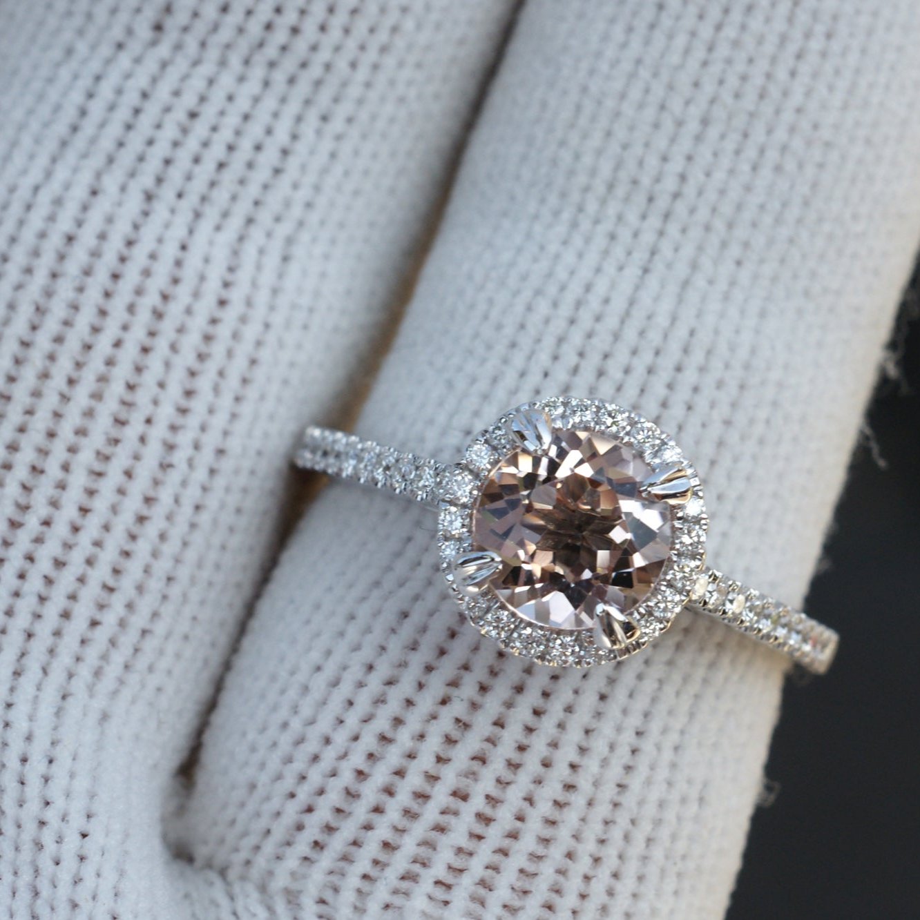 Round morganite 7mm engagement ring with diamond halo in white gold