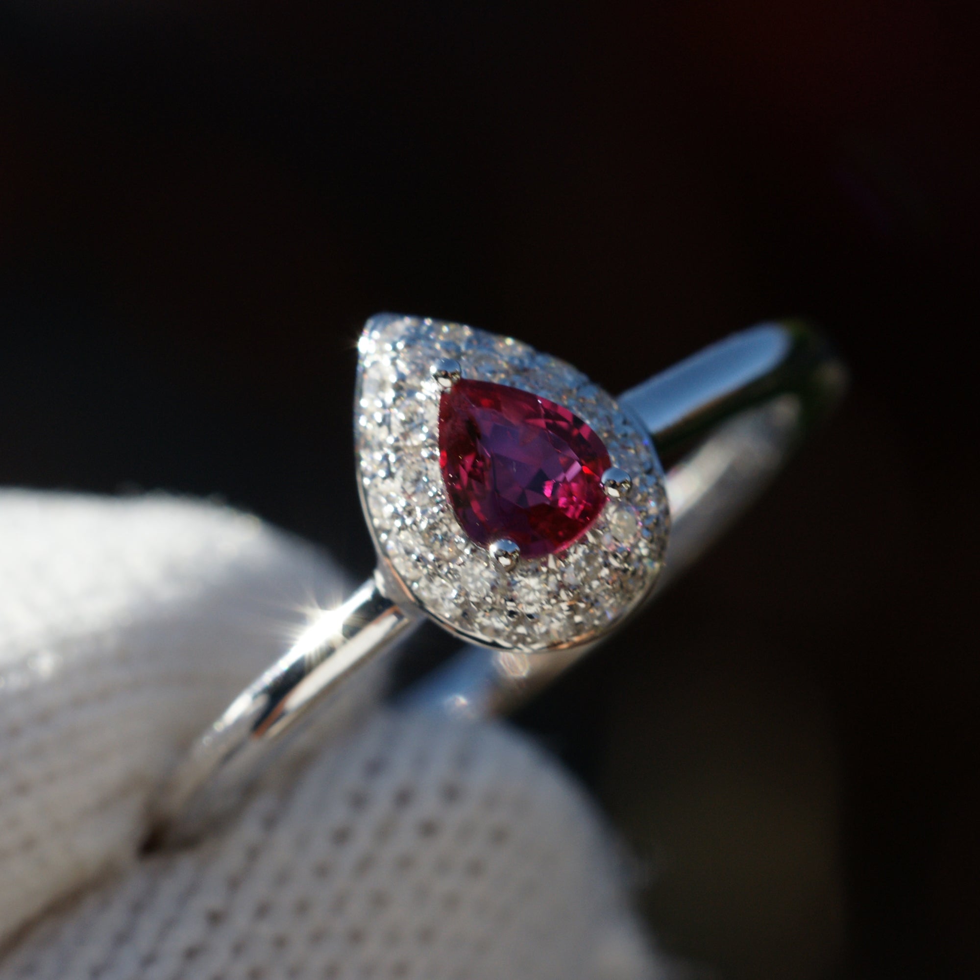 The Ophelia Pear Ruby Diamond Pave Halo Ring