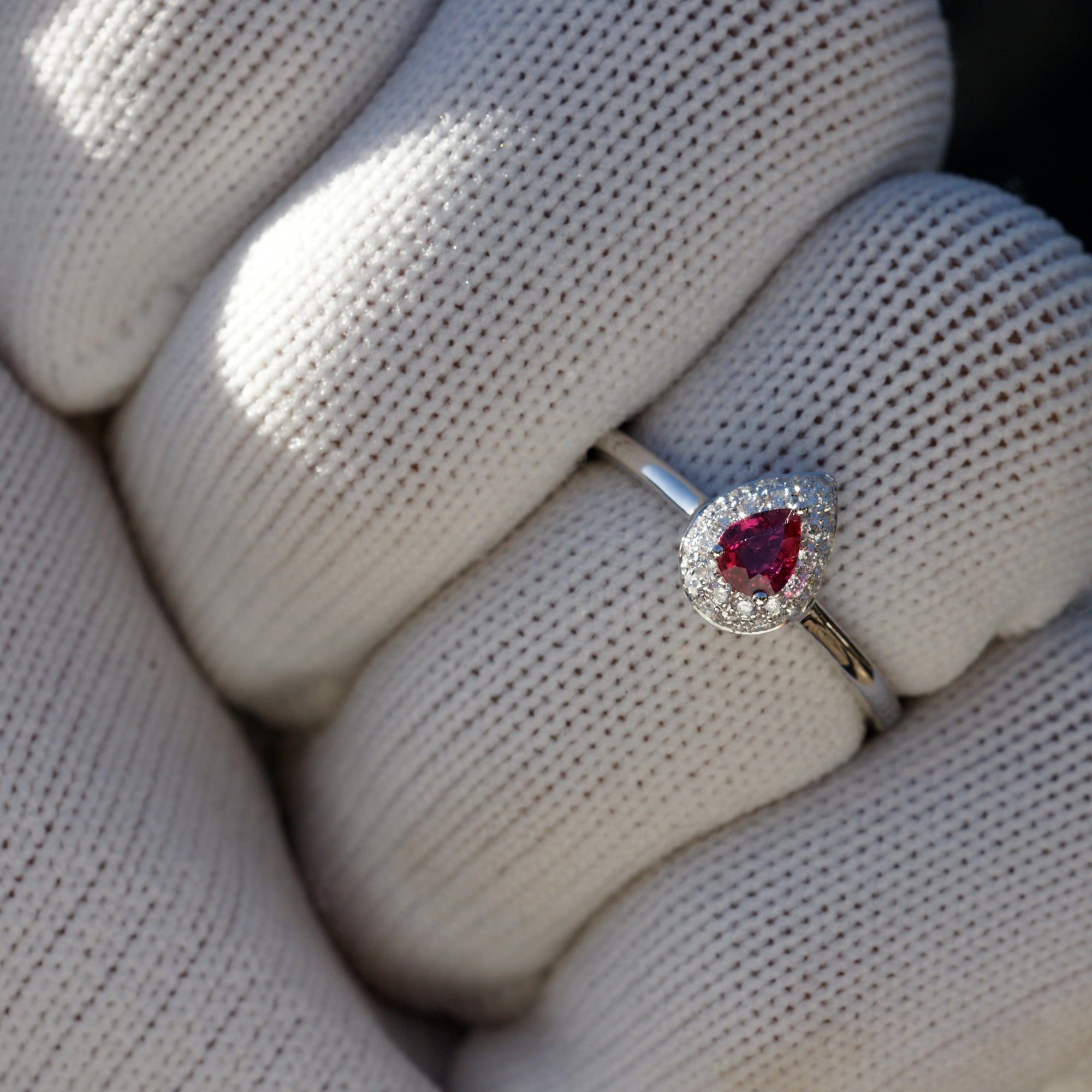 The Ophelia Pear Ruby Diamond Pave Halo Ring