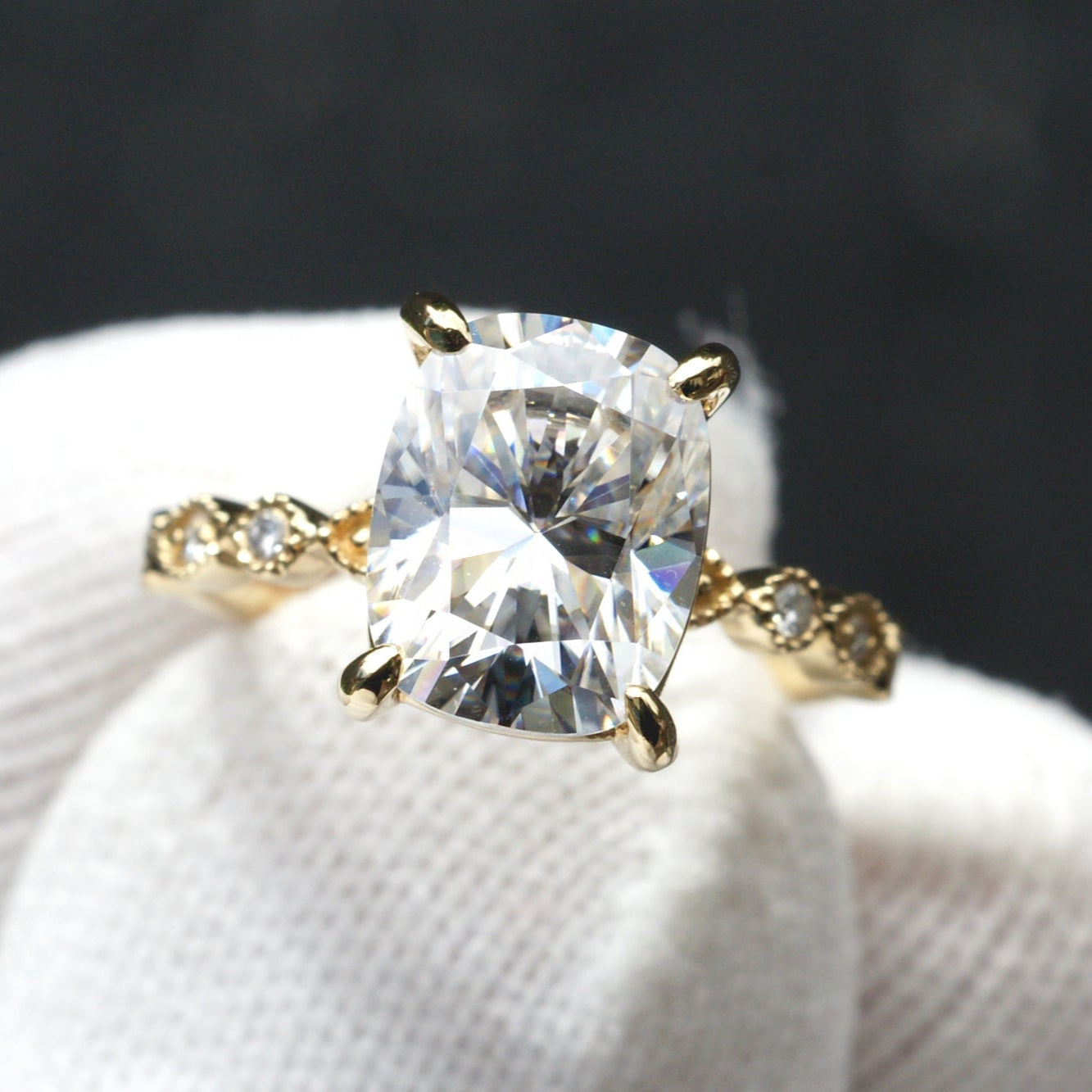 The Ivy Cushion Moissanite (10x8) 18k Yellow Gold