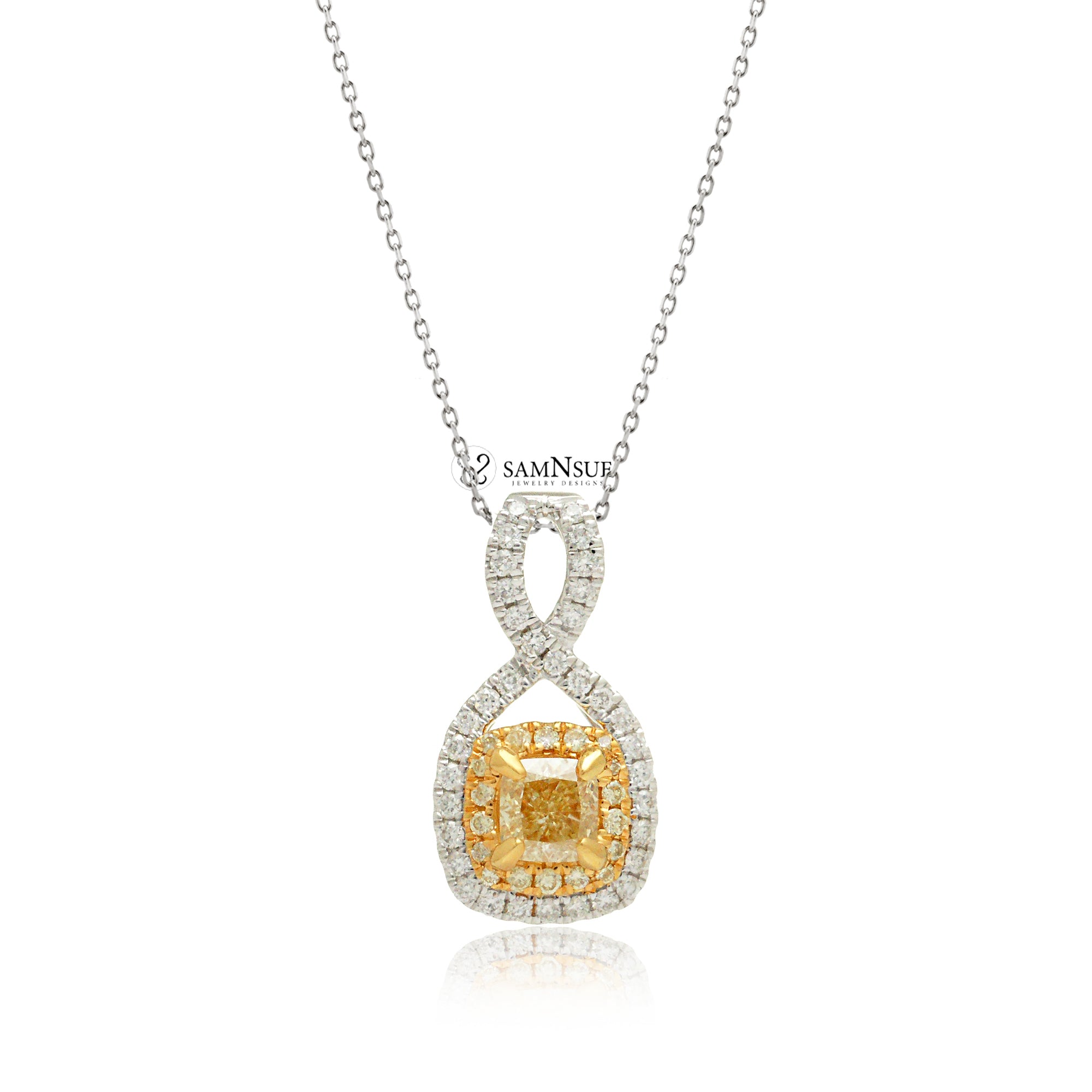 Cushion cut diamond pendant with double halo two tone white gold