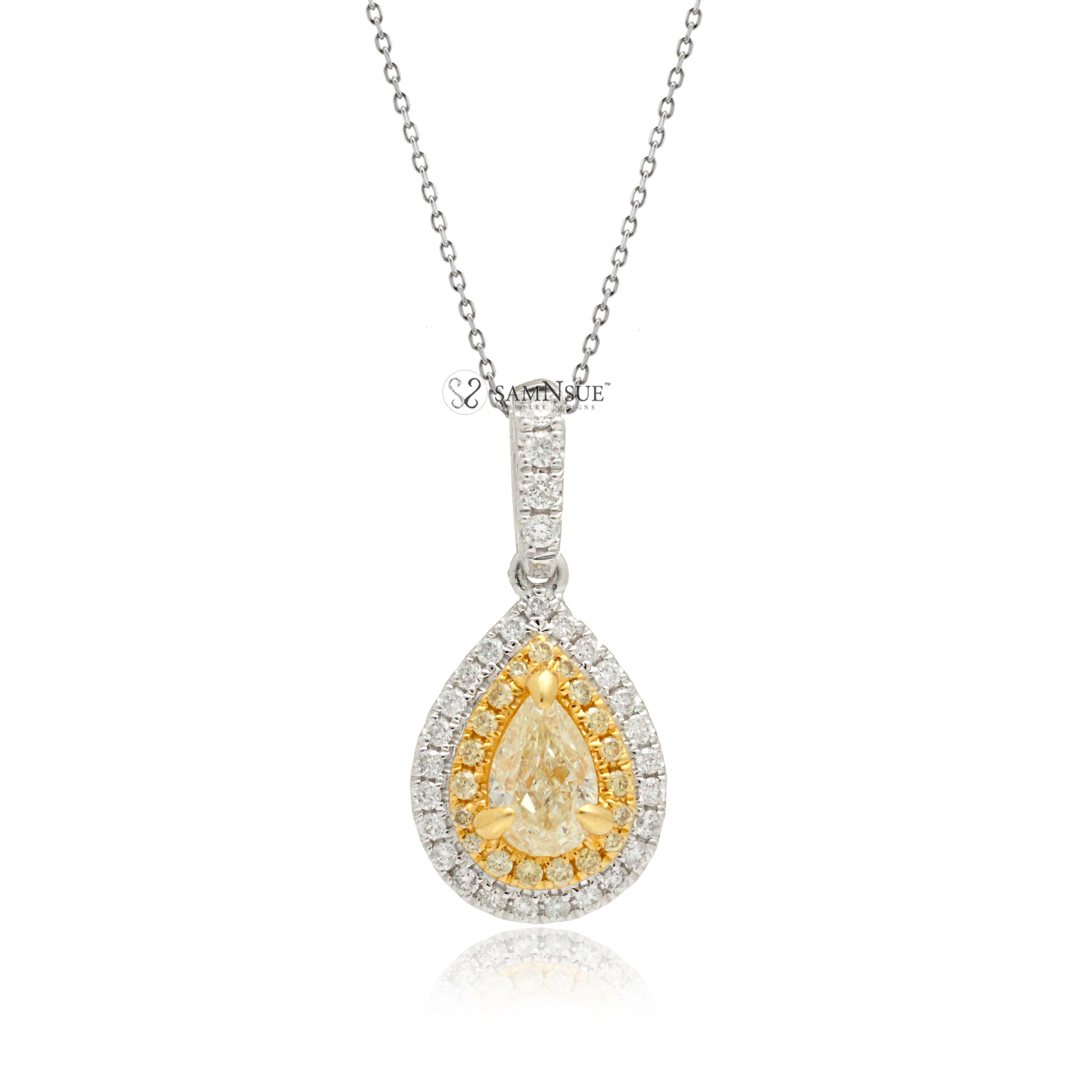 Pear diamond pendant drop with double halo yellow fancy color white gold