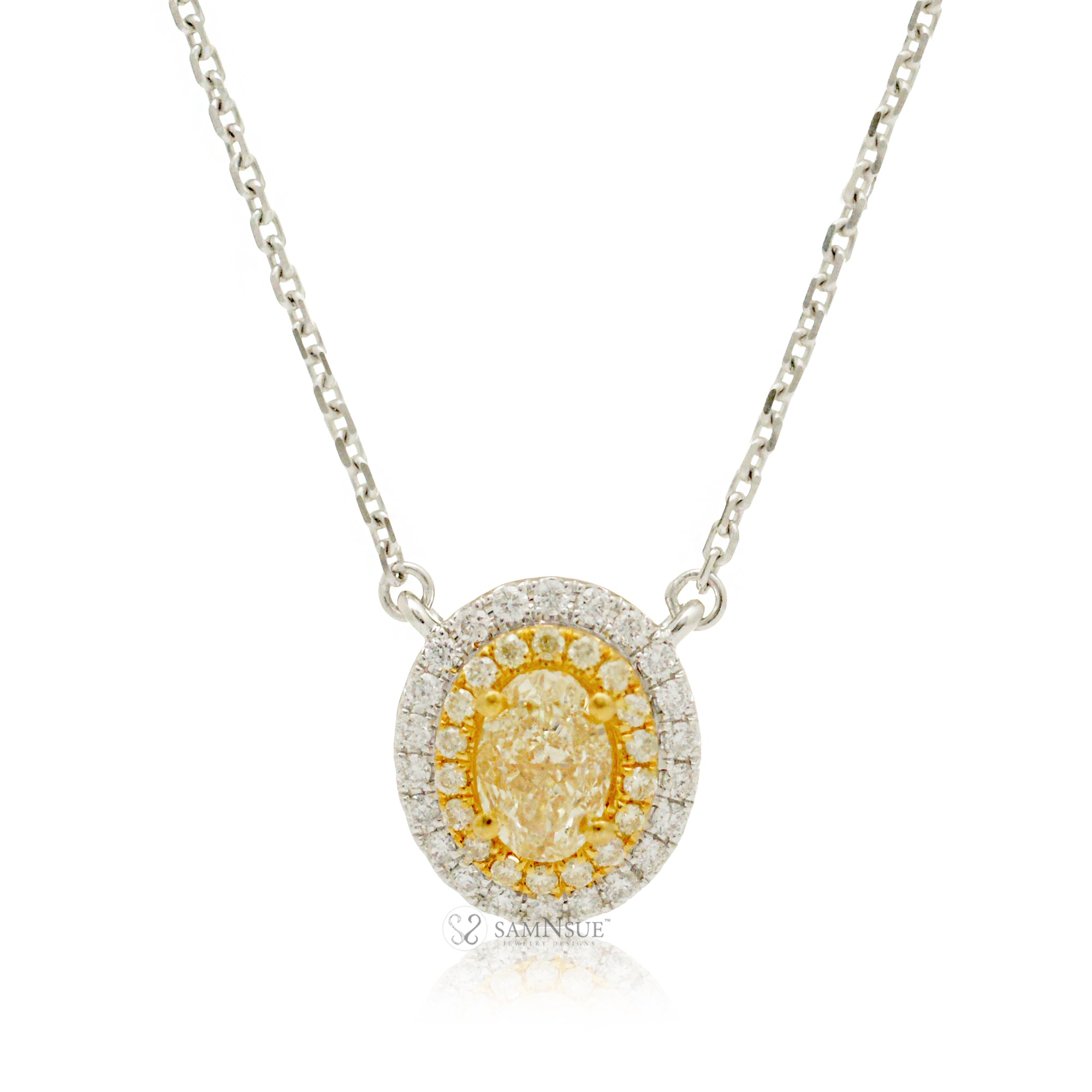 Oval cut fancy yellow diamond necklace with double halo two tone white gold