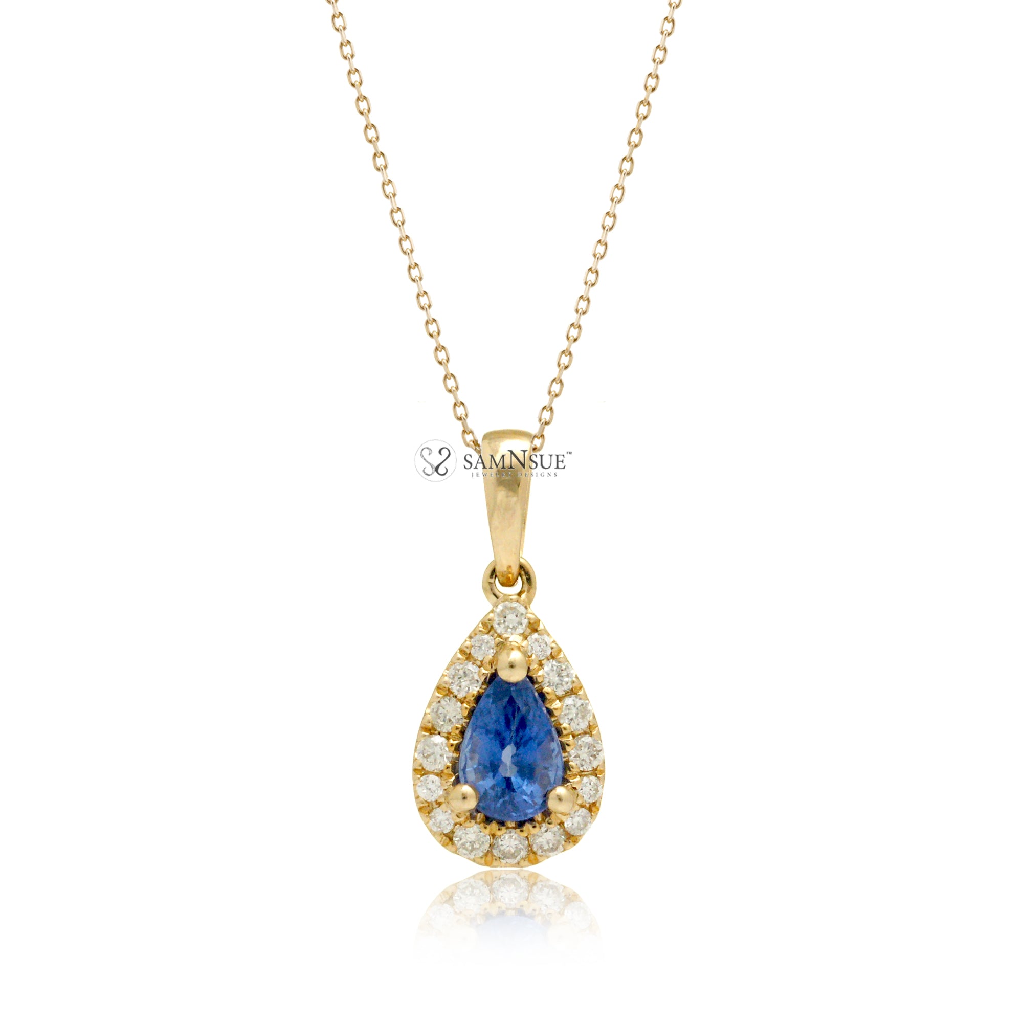 Blue sapphire pendant necklace pear shape diamond halo yellow gold