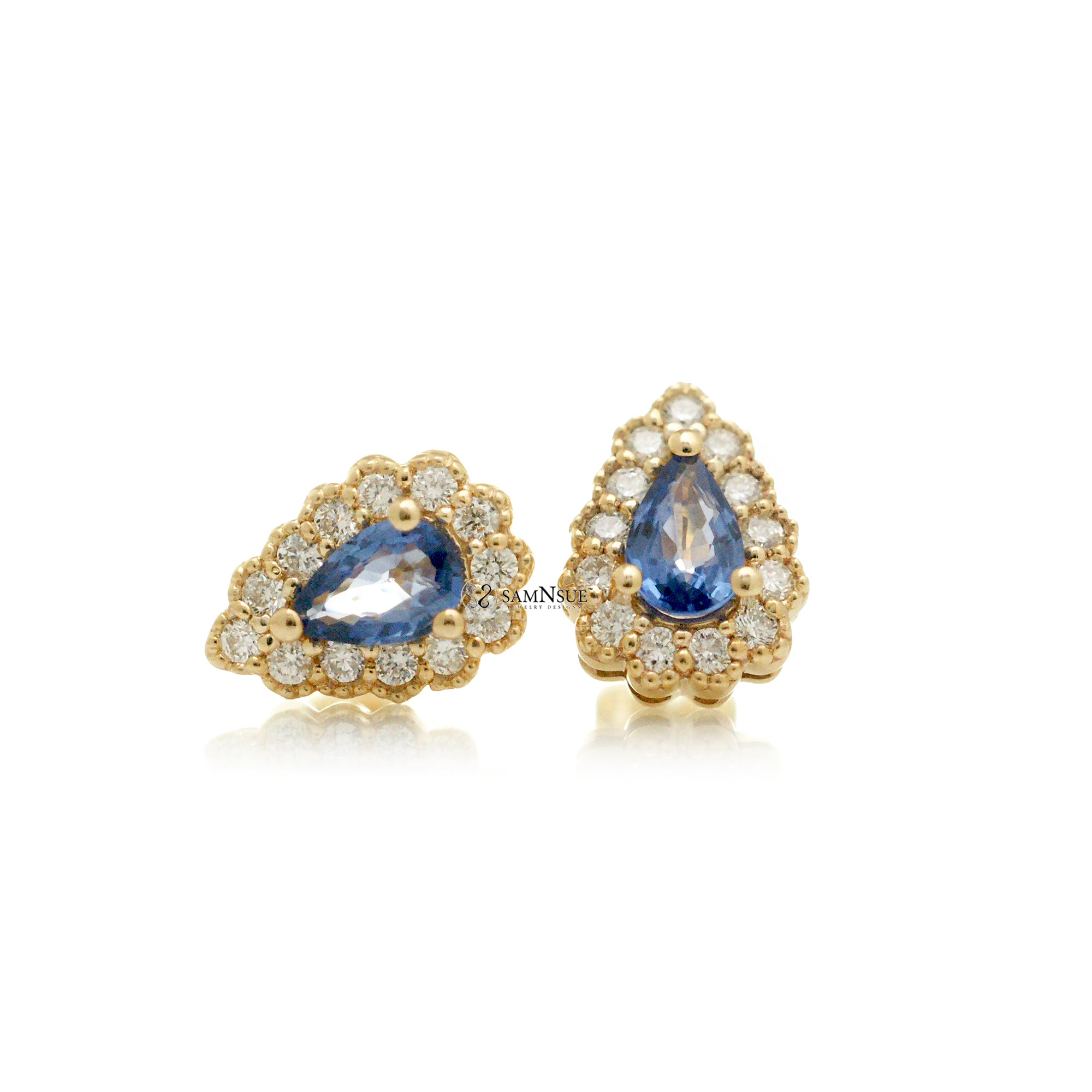 Pear Ceylon sapphire diamond scallop halo stud earrings yellow gold