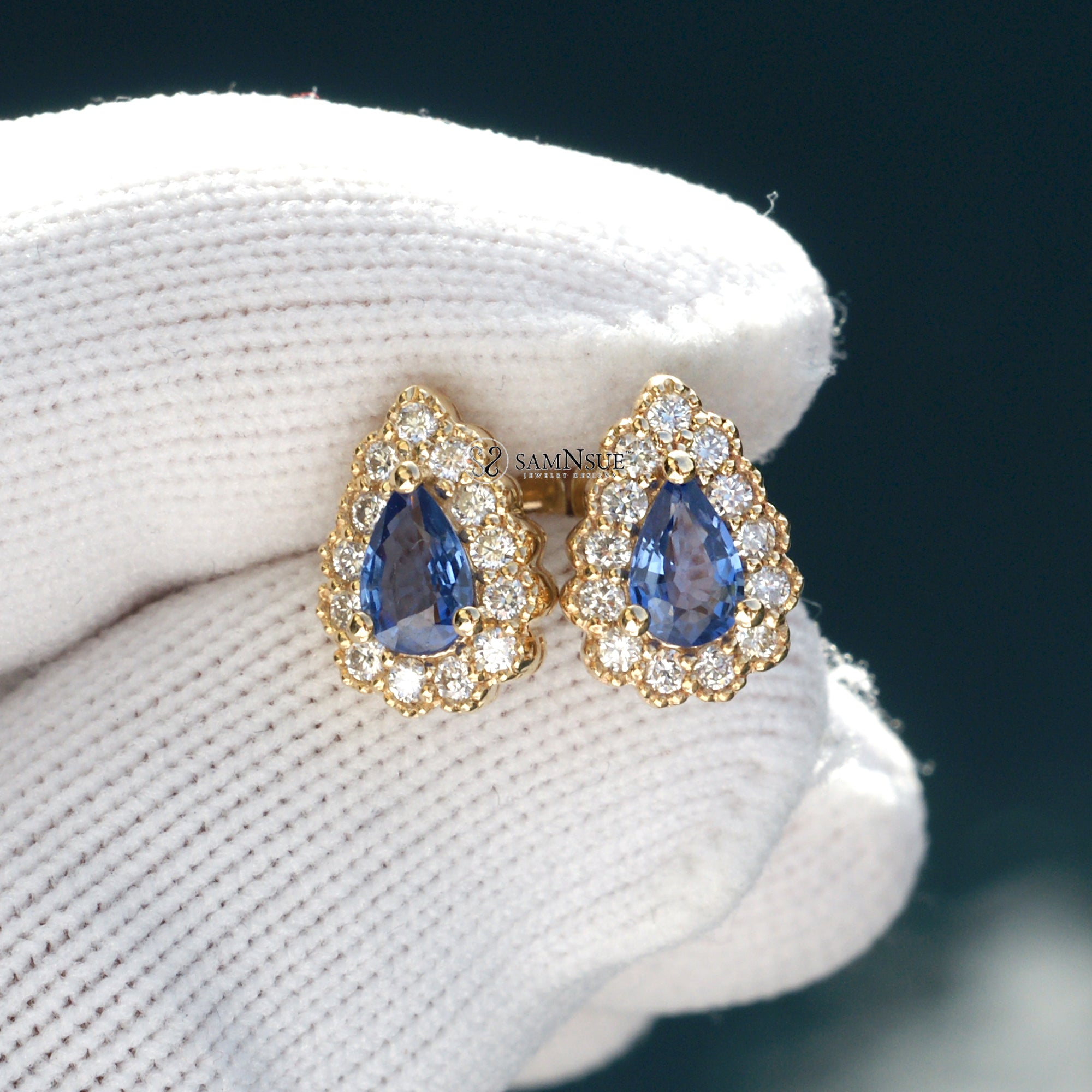 Pear Ceylon sapphire diamond scallop halo stud earrings yellow gold