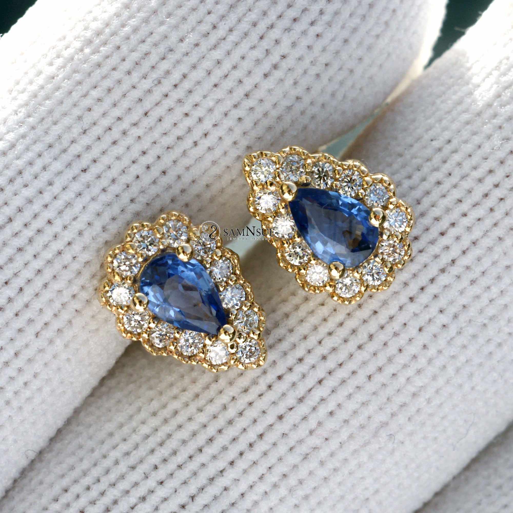 Pear Ceylon sapphire diamond scallop halo stud earrings yellow gold