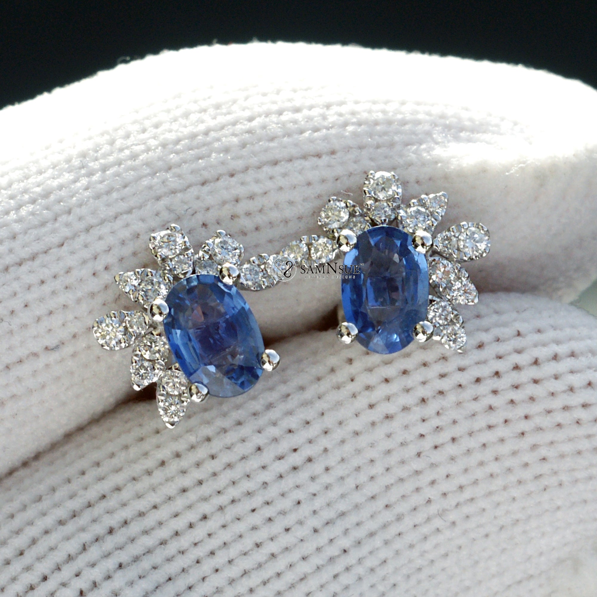 Iberis amara blue ceylon sapphire diamond stud earrings white gold