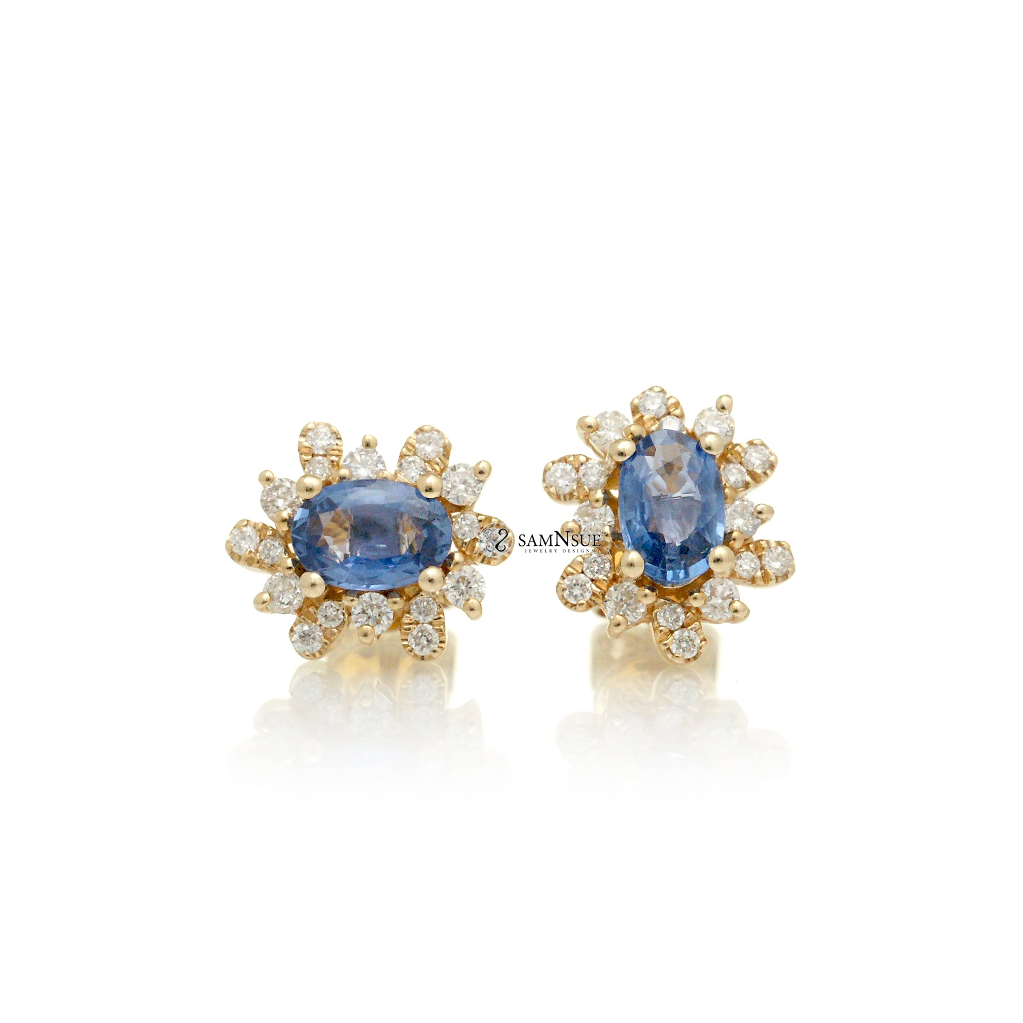 The Stella Natural Oval Ceylon Blue Sapphire Diamond Halo Stud Earrings Yellow Gold