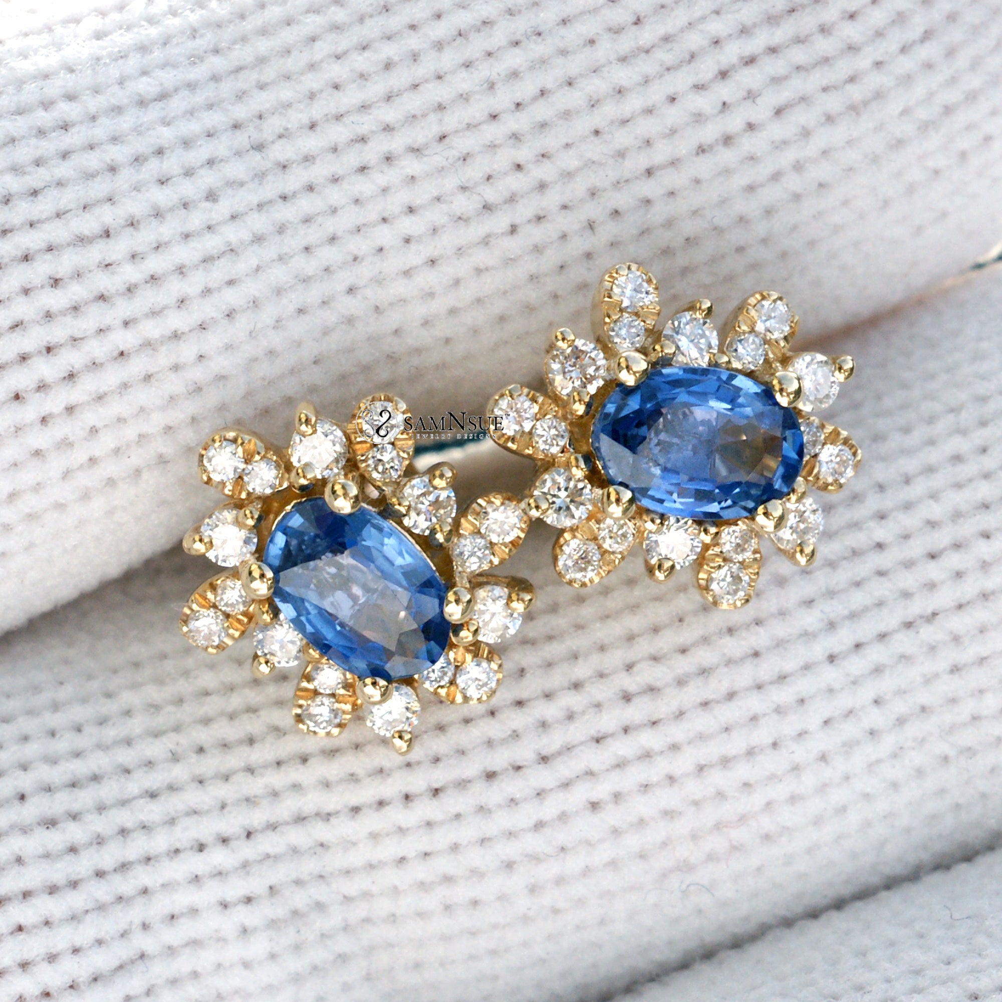 The Stella Natural Oval Ceylon Blue Sapphire Diamond Halo Stud Earrings Yellow Gold