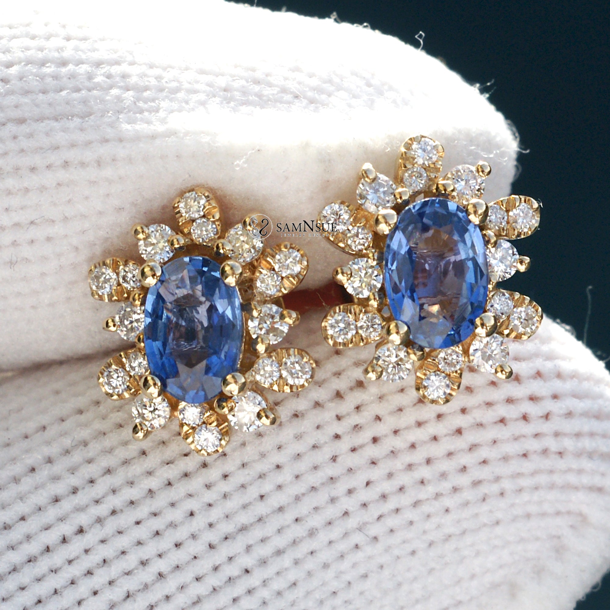 The Stella Natural Oval Ceylon Blue Sapphire Diamond Halo Stud Earrings Yellow Gold