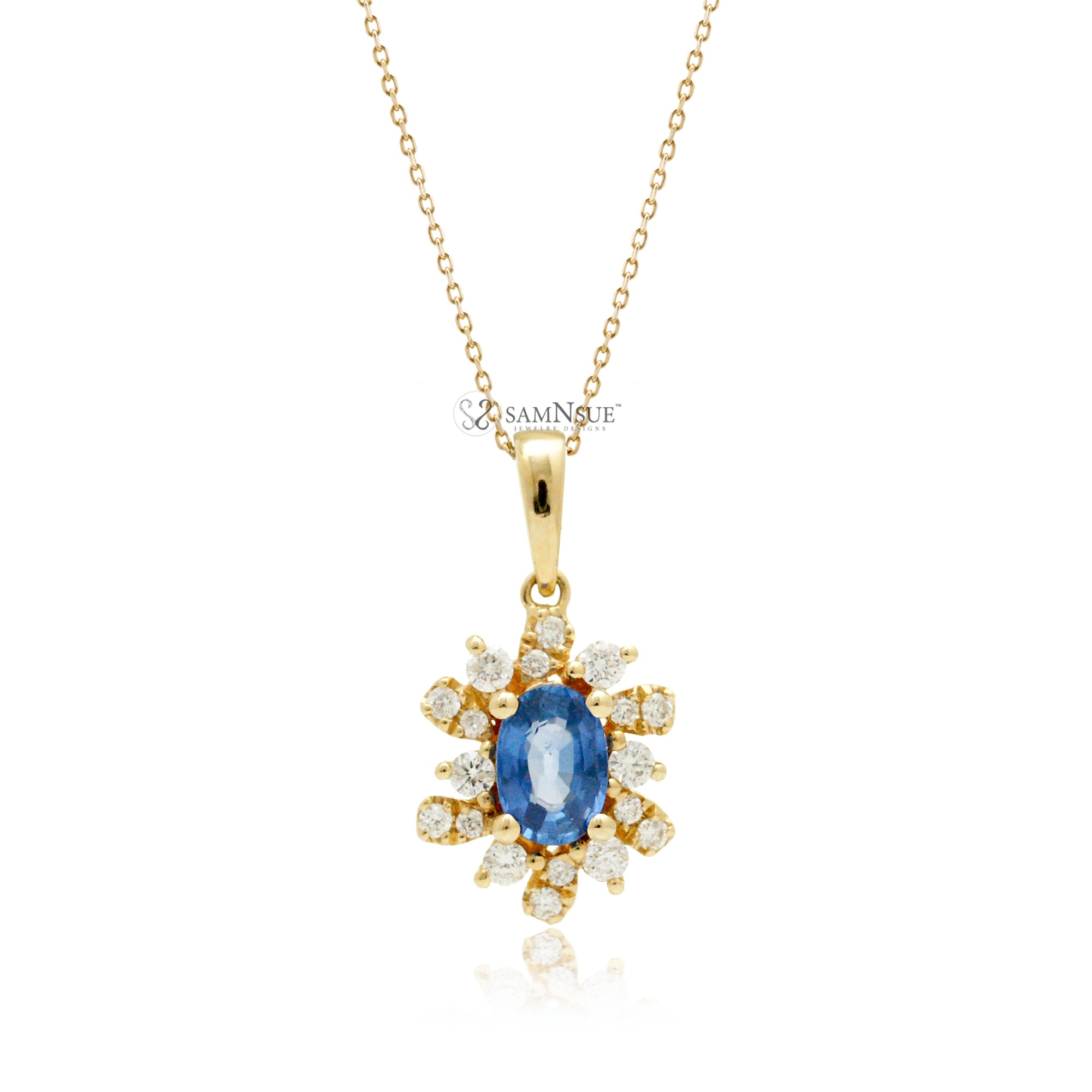 The Stella blue ceylon sapphire diamond halo pendant yellow gold