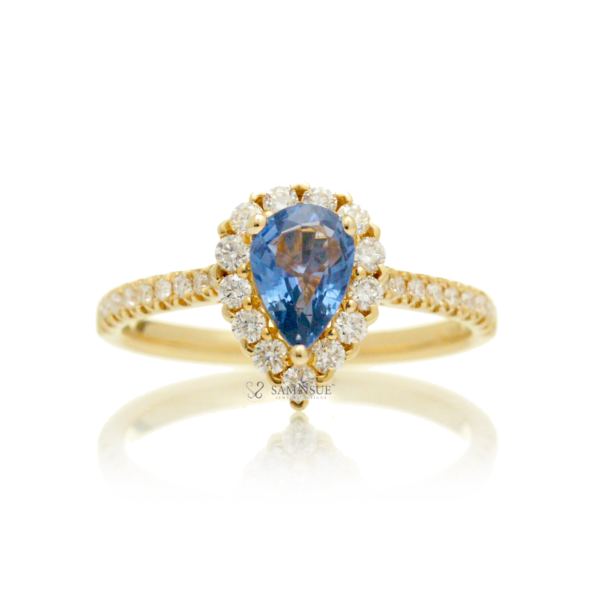 Petite diamond halo natural pear cut ceylon sapphire diamond ring yellow gold