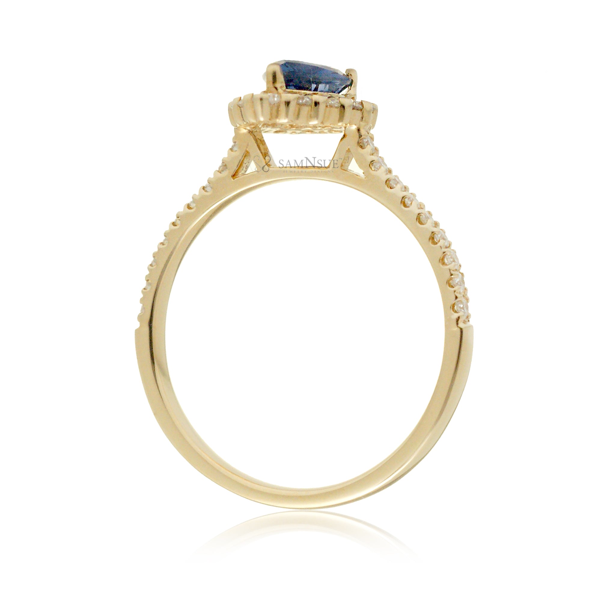 Petite diamond halo natural pear cut ceylon sapphire diamond ring yellow gold