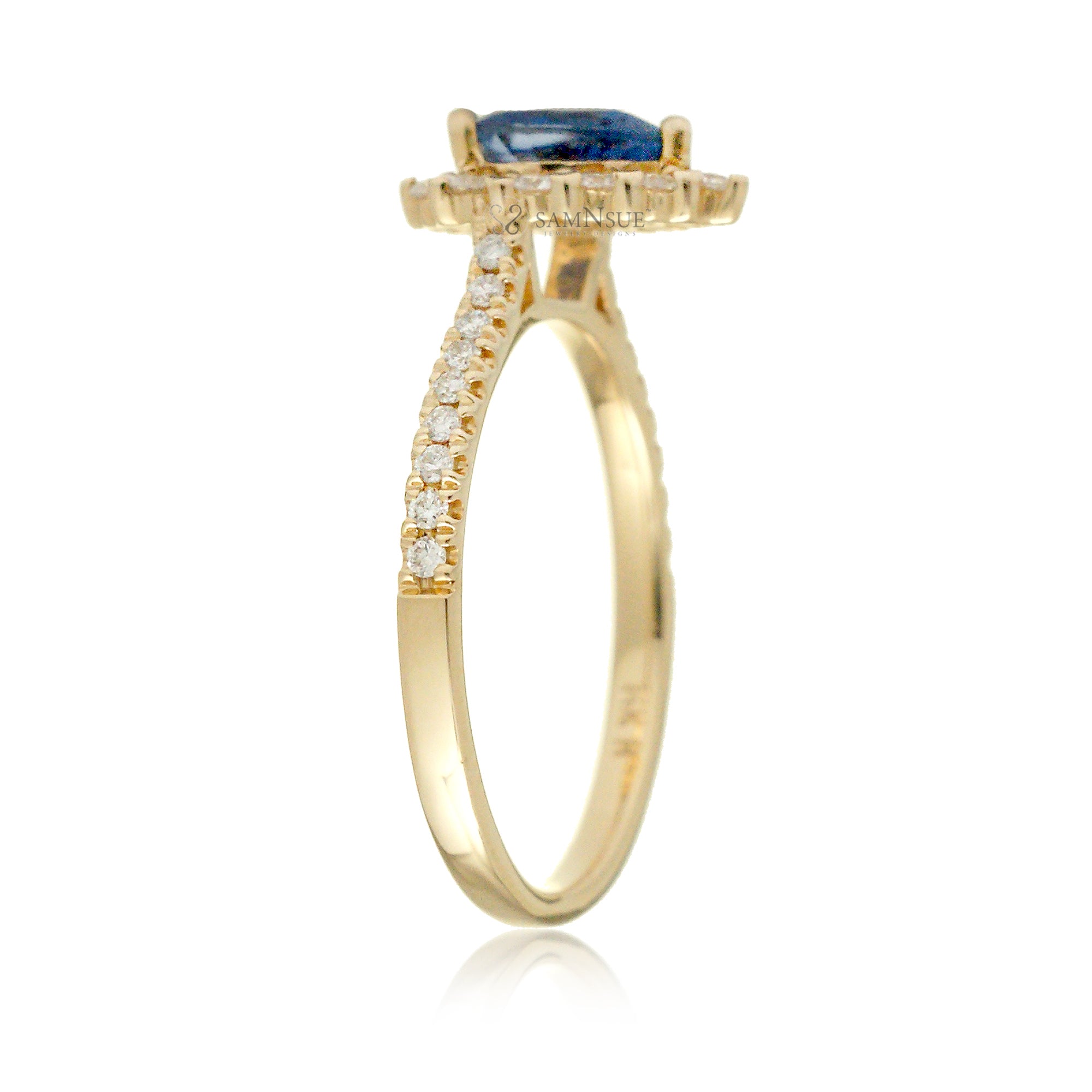 Petite diamond halo natural pear cut ceylon sapphire diamond ring yellow gold