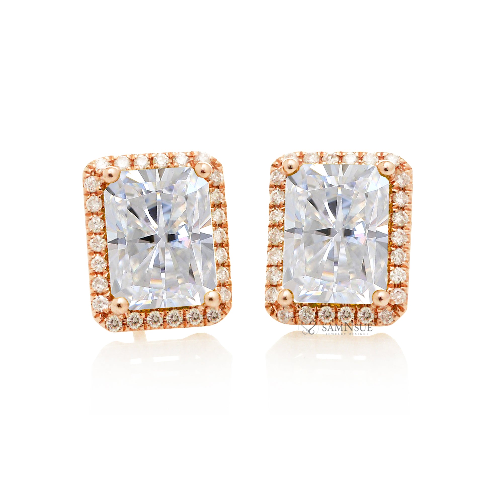 The petite diamond halo radiant cut moissanite stud earrings rose gold