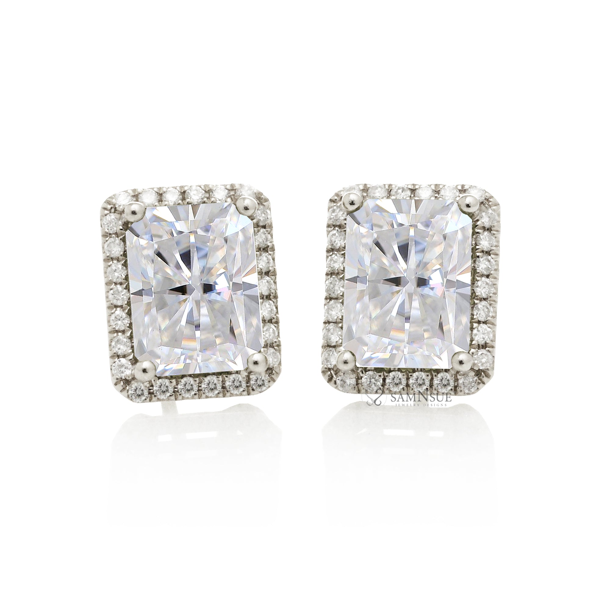 The petite diamond halo radiant cut moissanite stud earrings white gold