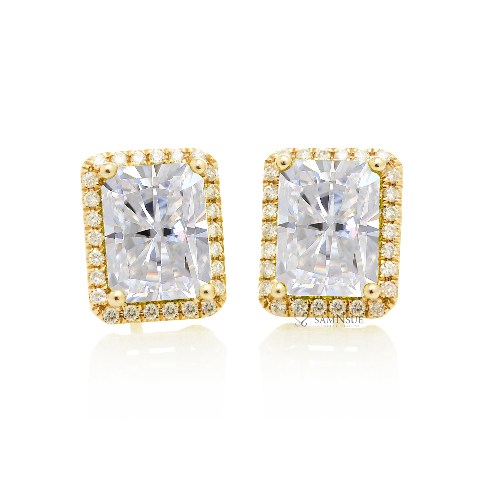 The petite diamond halo radiant cut moissanite stud earrings yellow gold