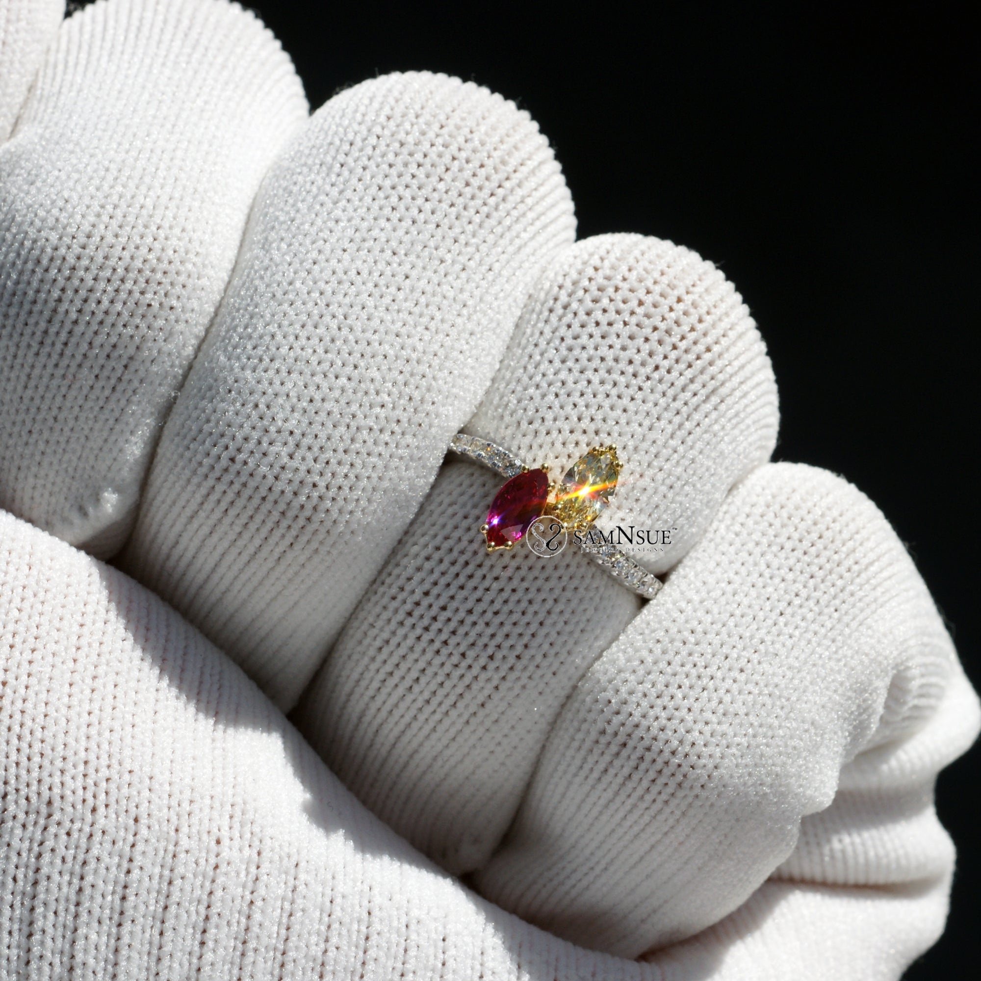 Toi et moi marquise diamond and ruby wave ring in white gold