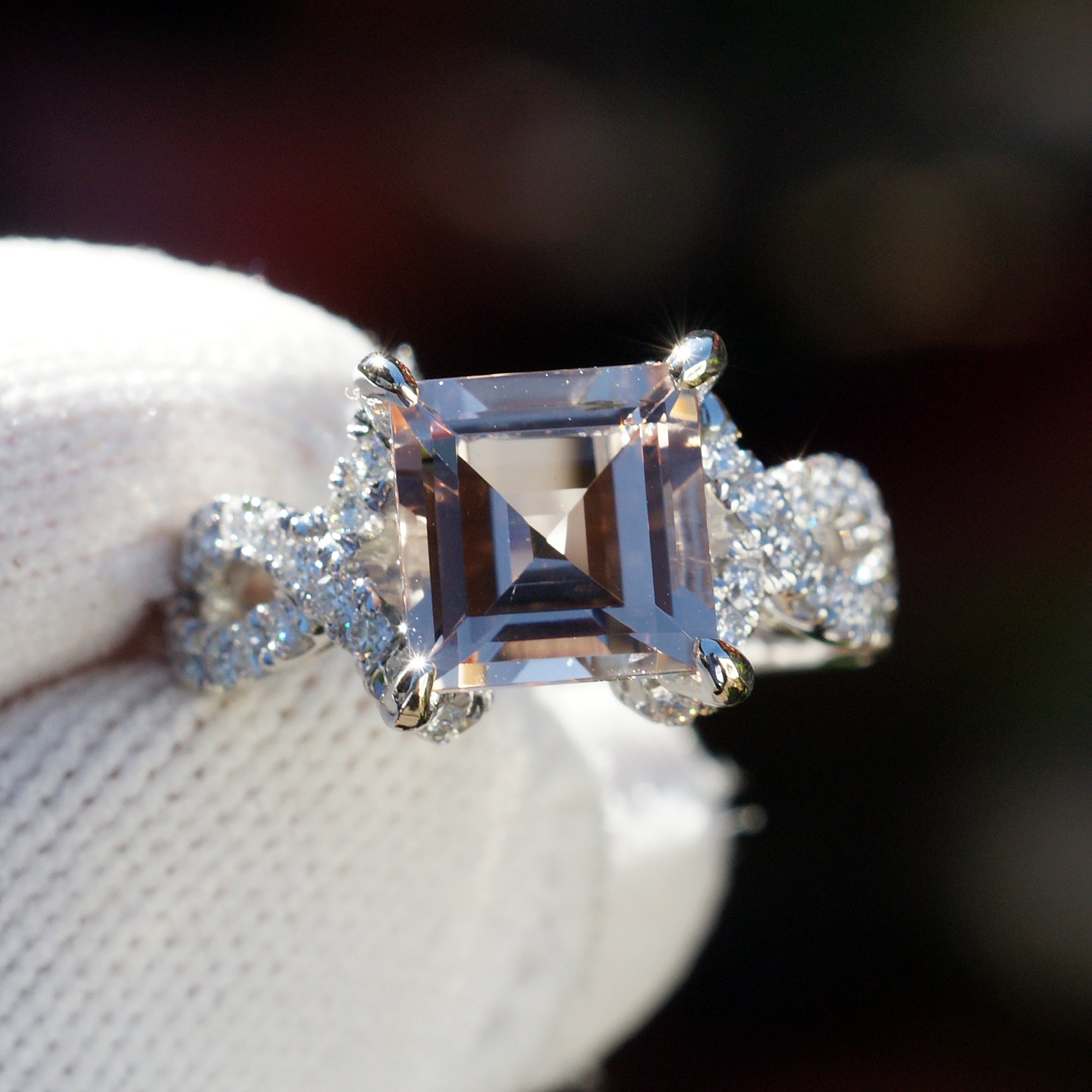 Square morganite engagement ring with diamond accent in white gold