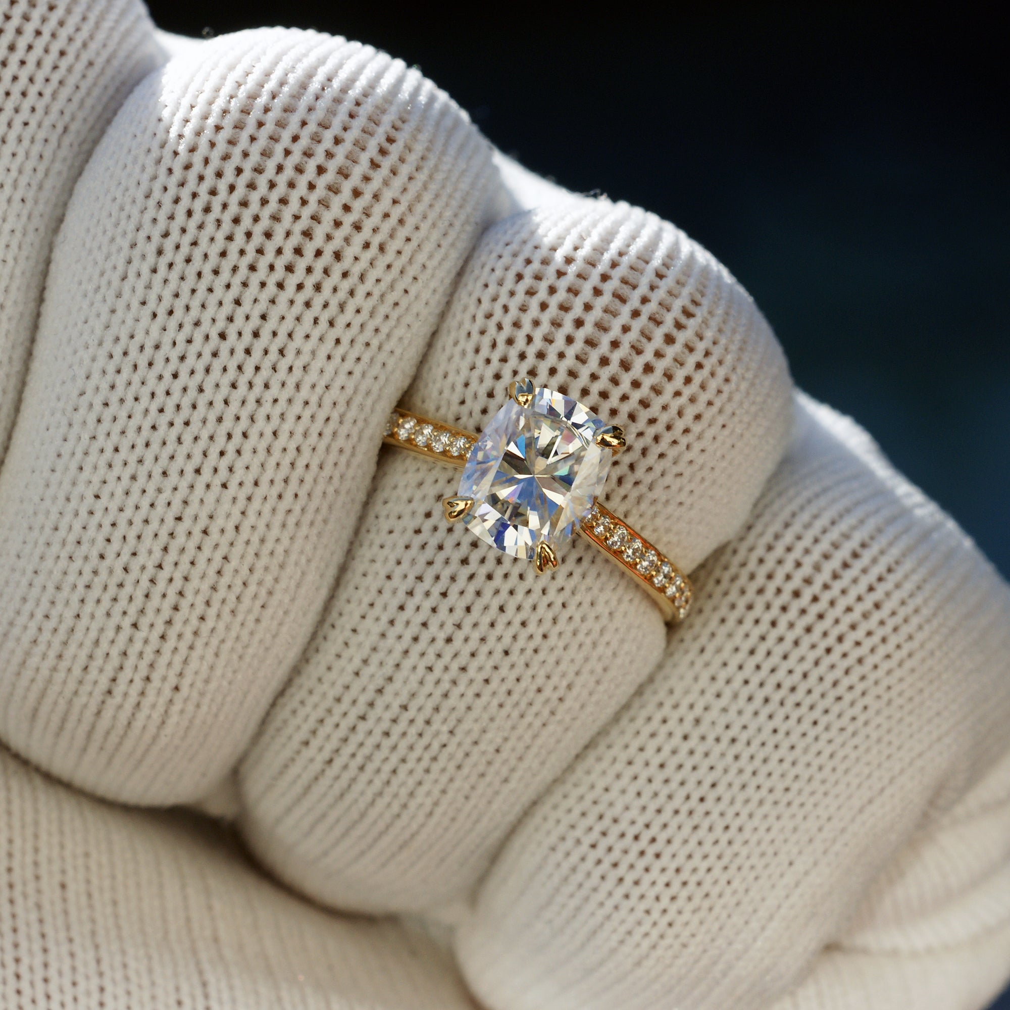 Cushion moissanite engagement ring with diamond band on yellow gold - the Emily 9x7mm