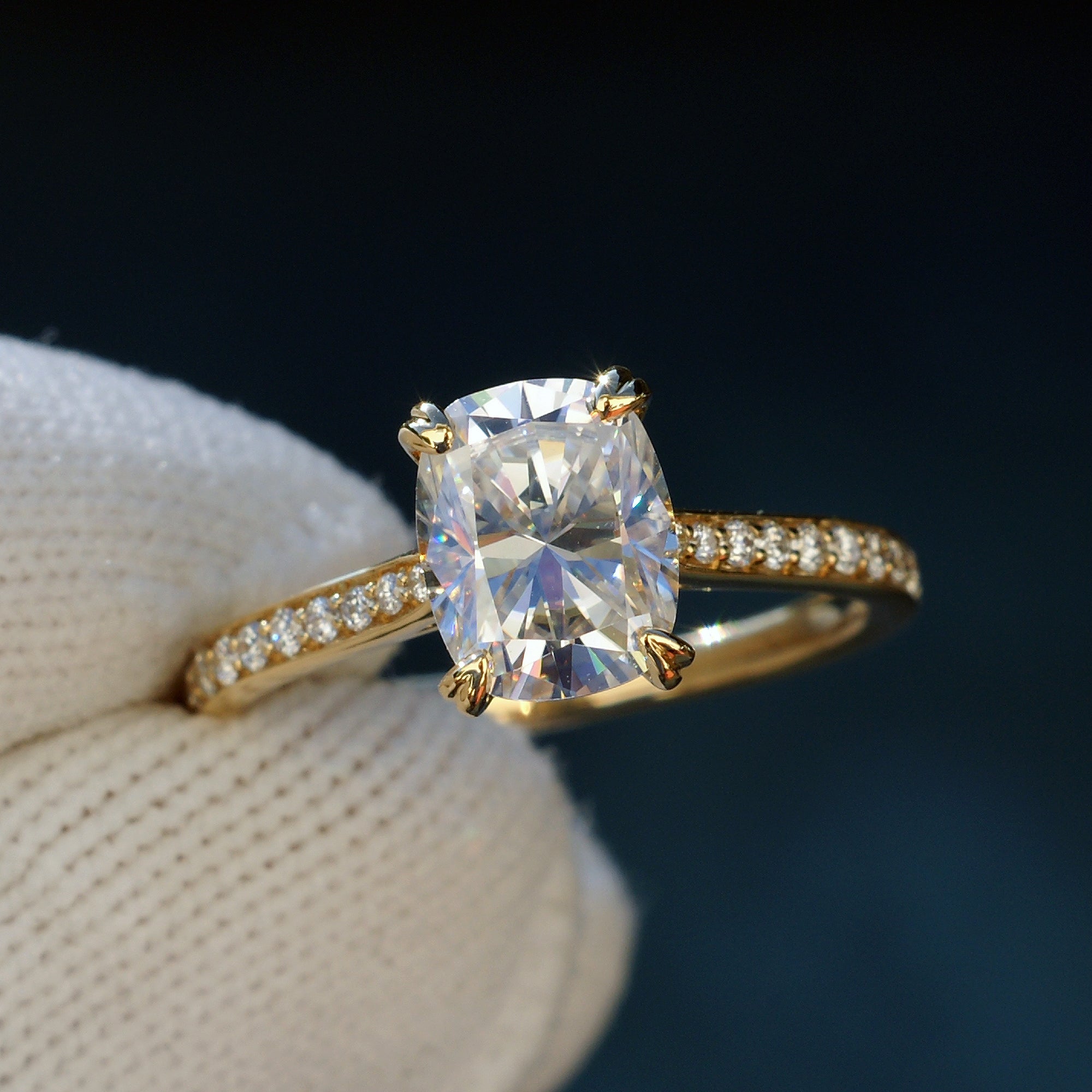 Cushion moissanite engagement ring with diamond band on yellow gold - the Emily 9x7mm