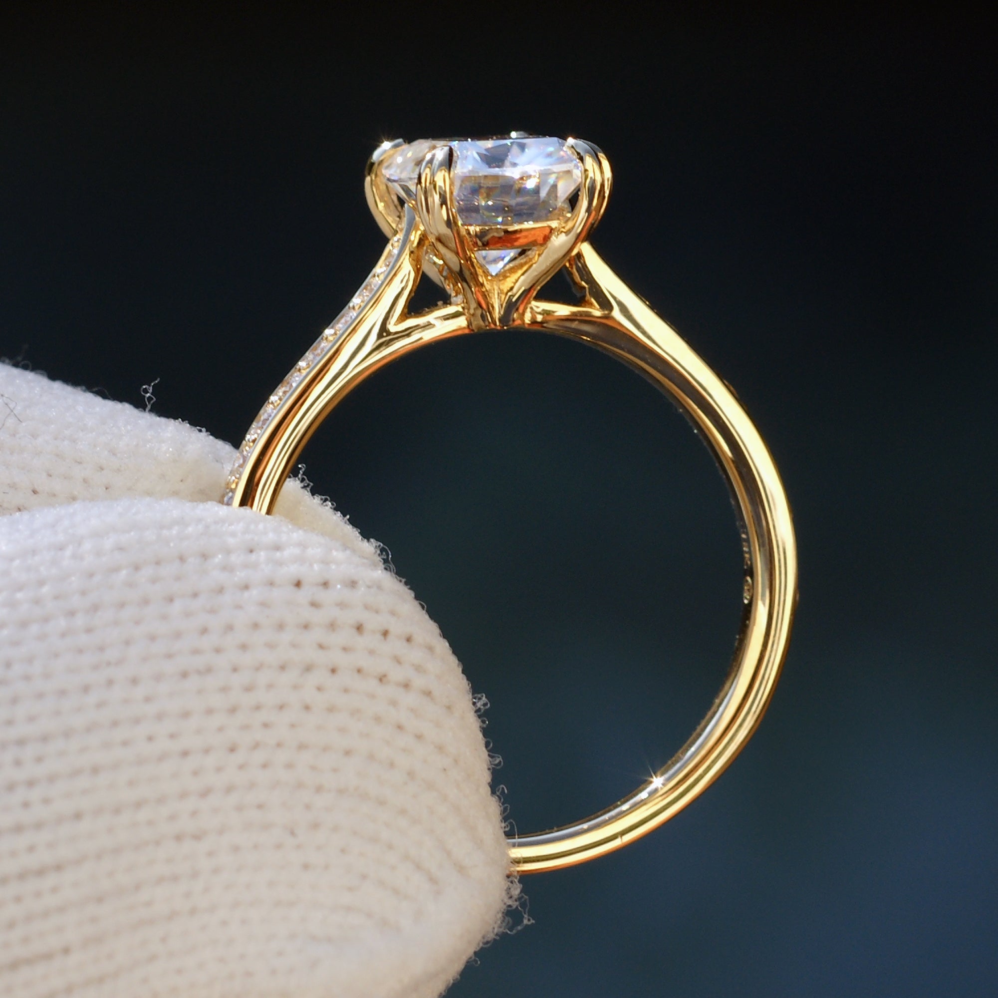 Cushion moissanite engagement ring with diamond band on yellow gold - the Emily 9x7mm