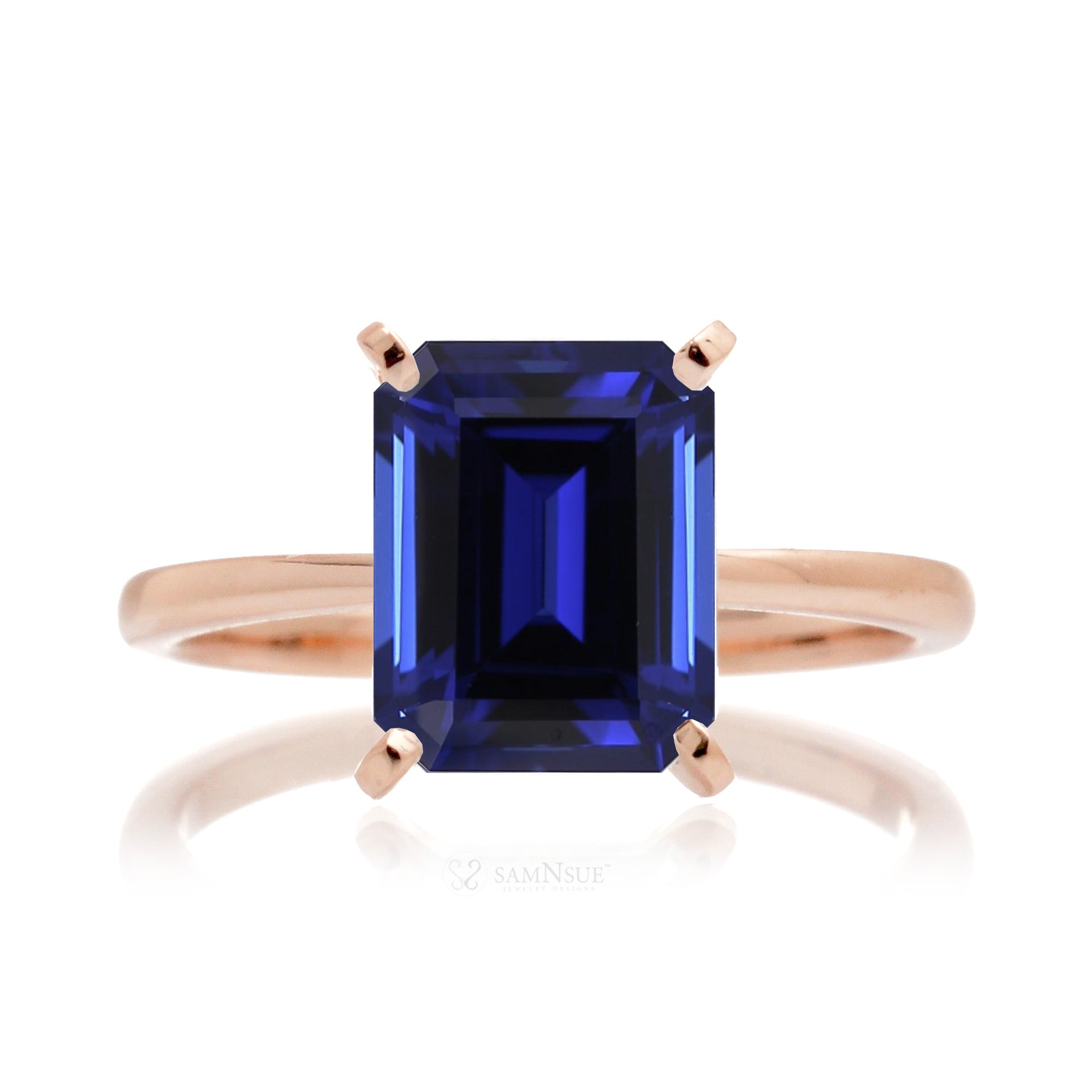 Blue sapphire solitaire engagement ring emerald cut - The Adeline in rose gold