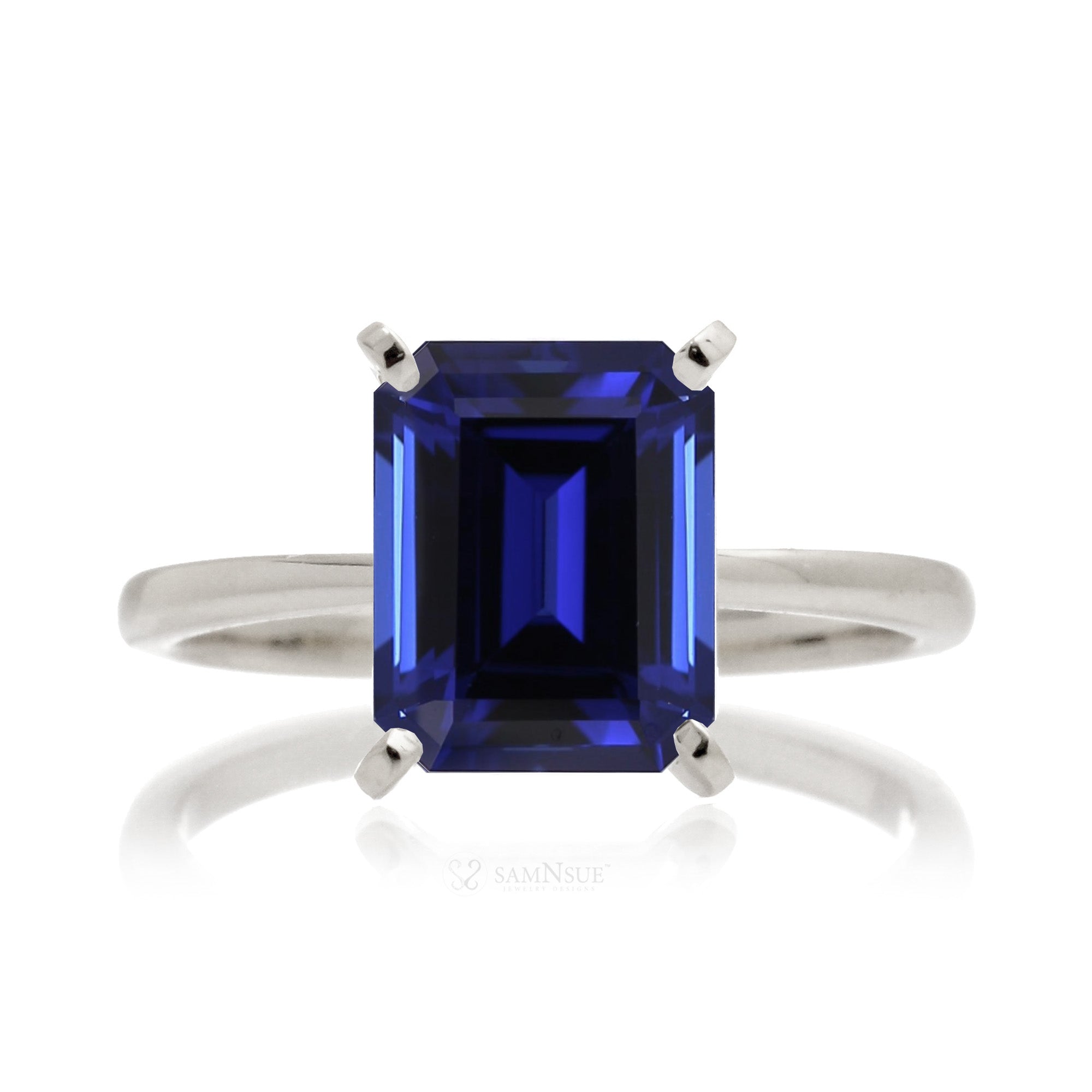 Blue sapphire solitaire engagement ring emerald cut - The Adeline in white gold