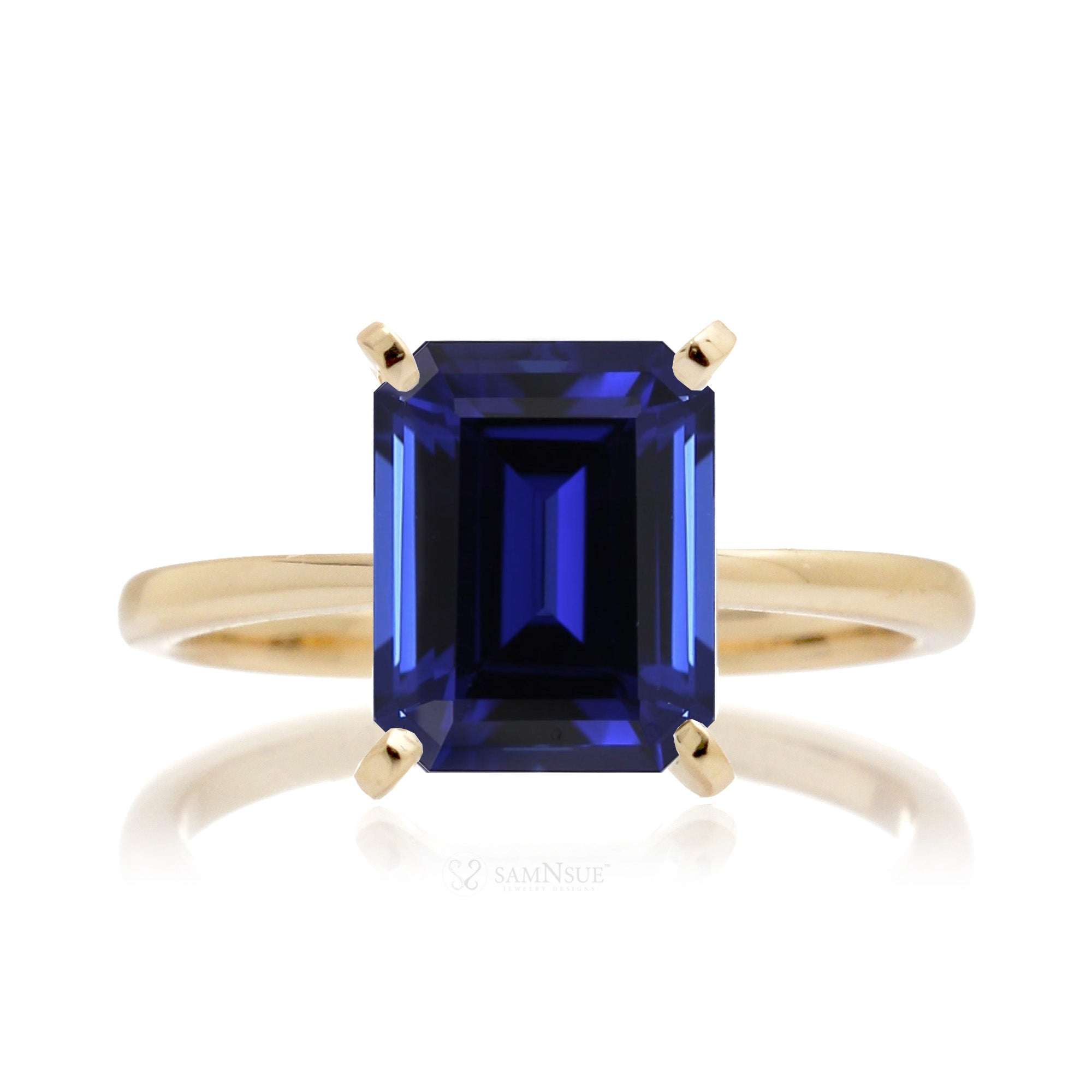 Blue sapphire solitaire engagement ring emerald cut - The Adeline in yellow gold