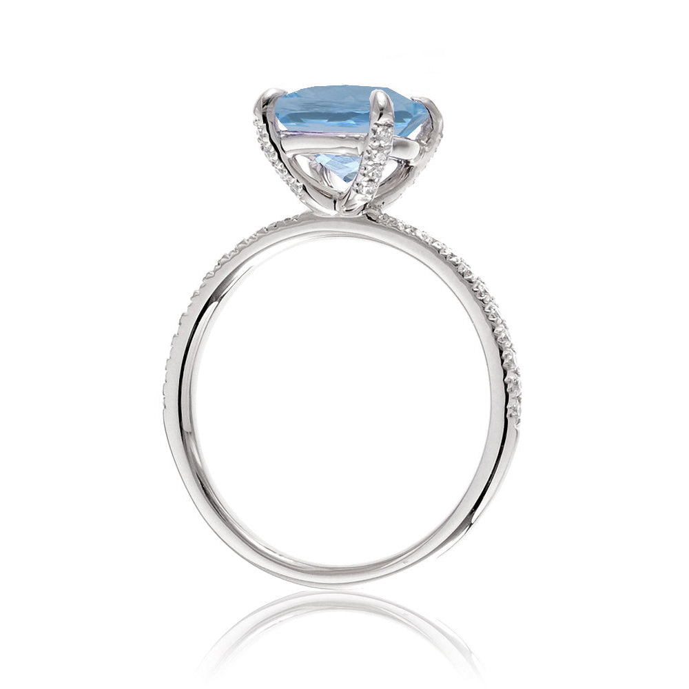 Round cut aquamarine diamond band engagement ring white gold with diamonds on prongs