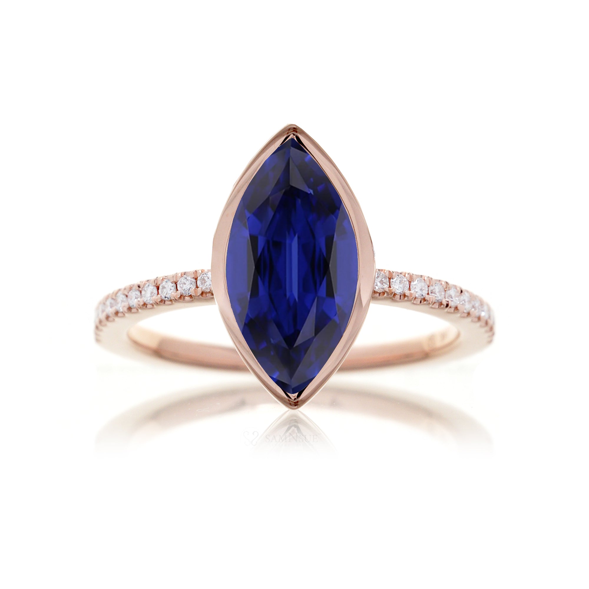 Marquise sapphire solitaire bezel diamond band engagement ring The Beverly rose gold