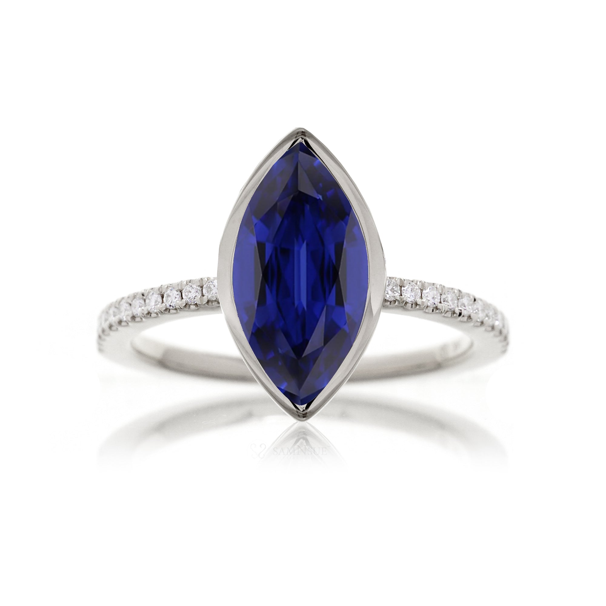 Marquise sapphire solitaire bezel diamond band engagement ring The Beverly white gold