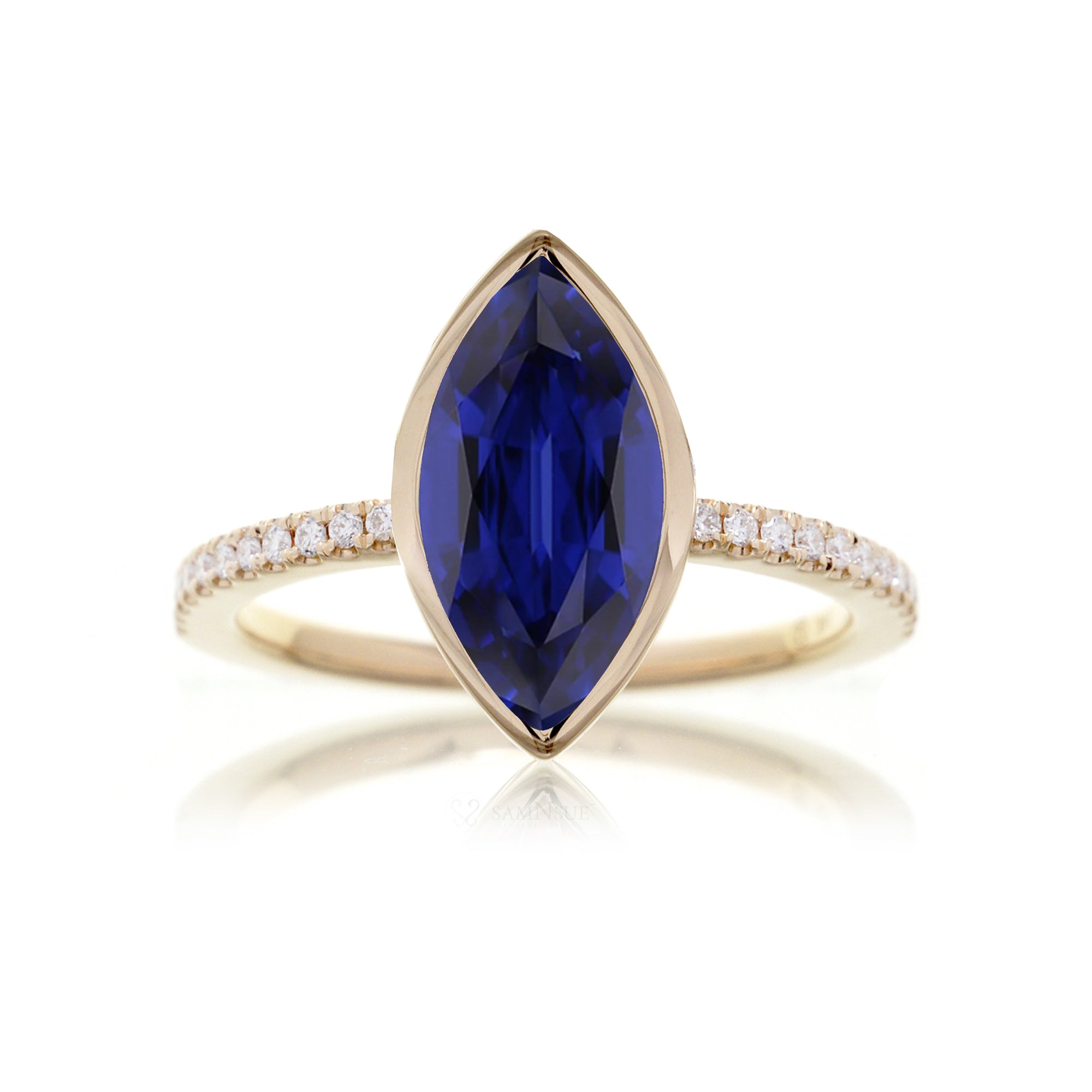 Marquise sapphire solitaire bezel diamond band engagement ring The Beverly yellow gold